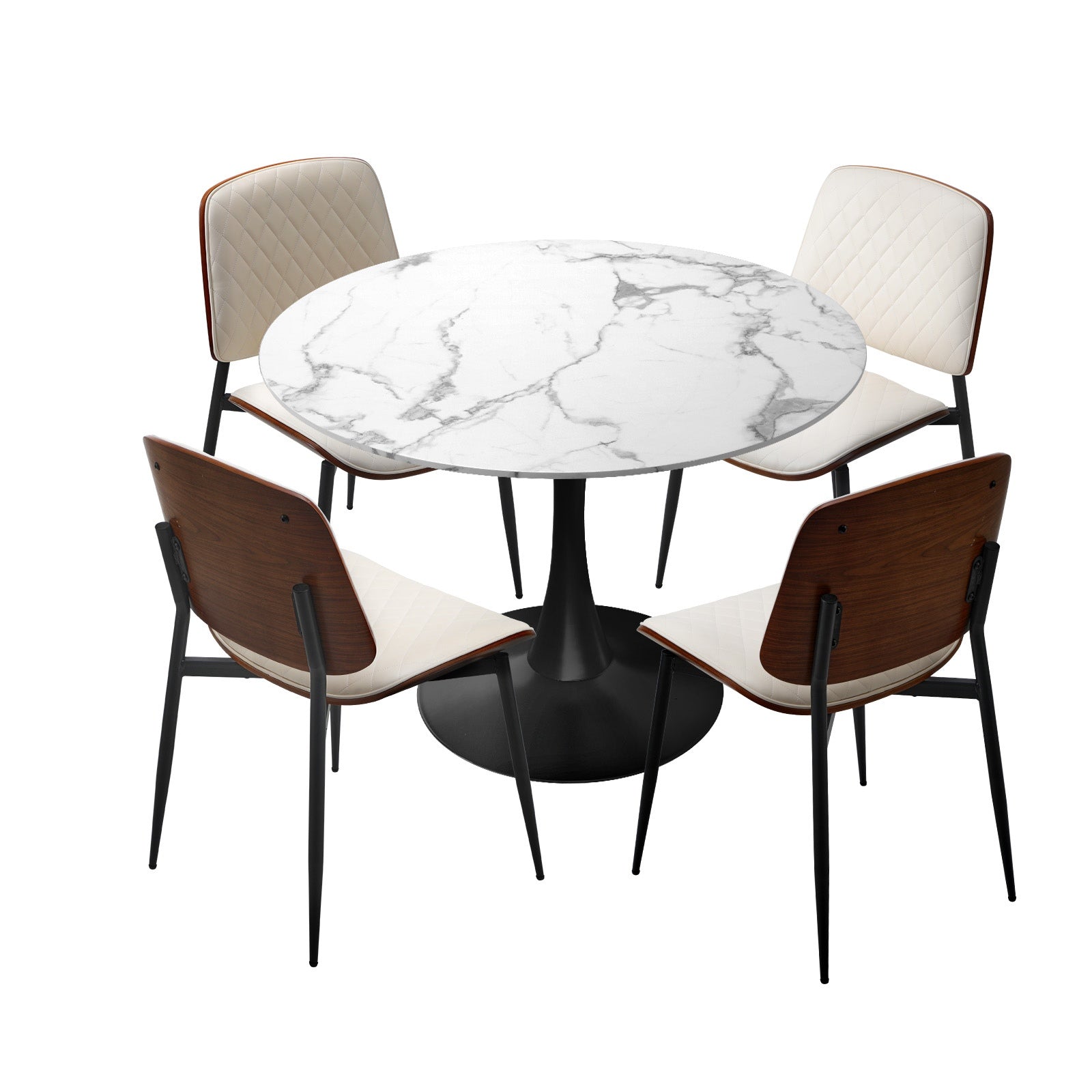 Oikiture Dining Table Set 90cm Round Dining Table and Chairs PU Leather White&Black