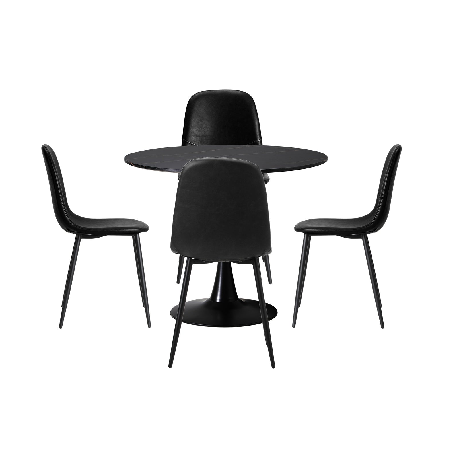 Oikiture 90cm Round Dining Table with 4x Dining Chairs PU Leather Black - Sunyee