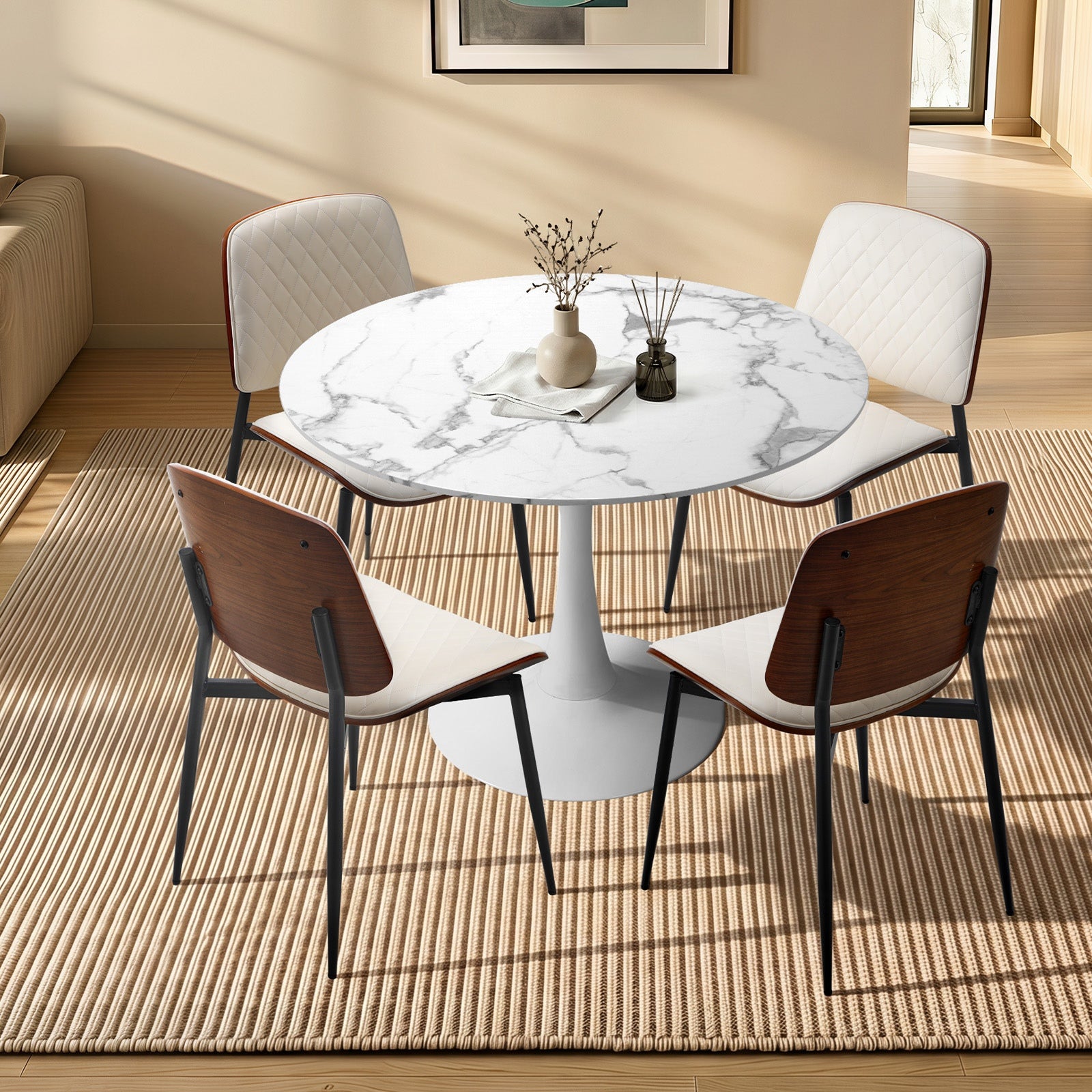 Oikiture Dining Table Set 90cm Round Dining Table and Chairs PU Leather White