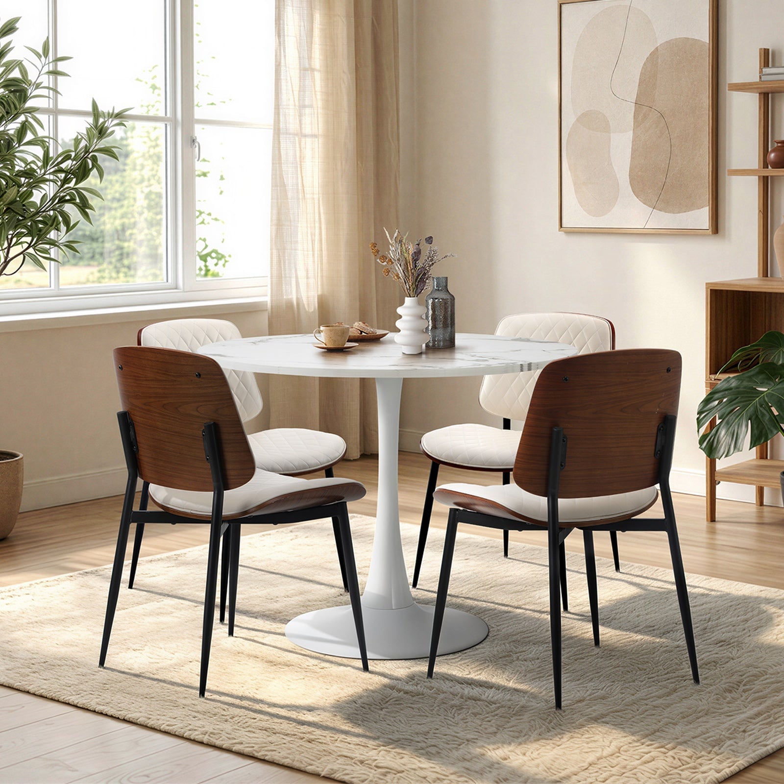 Oikiture Dining Table Set 90cm Round Dining Table and Chairs PU Leather White