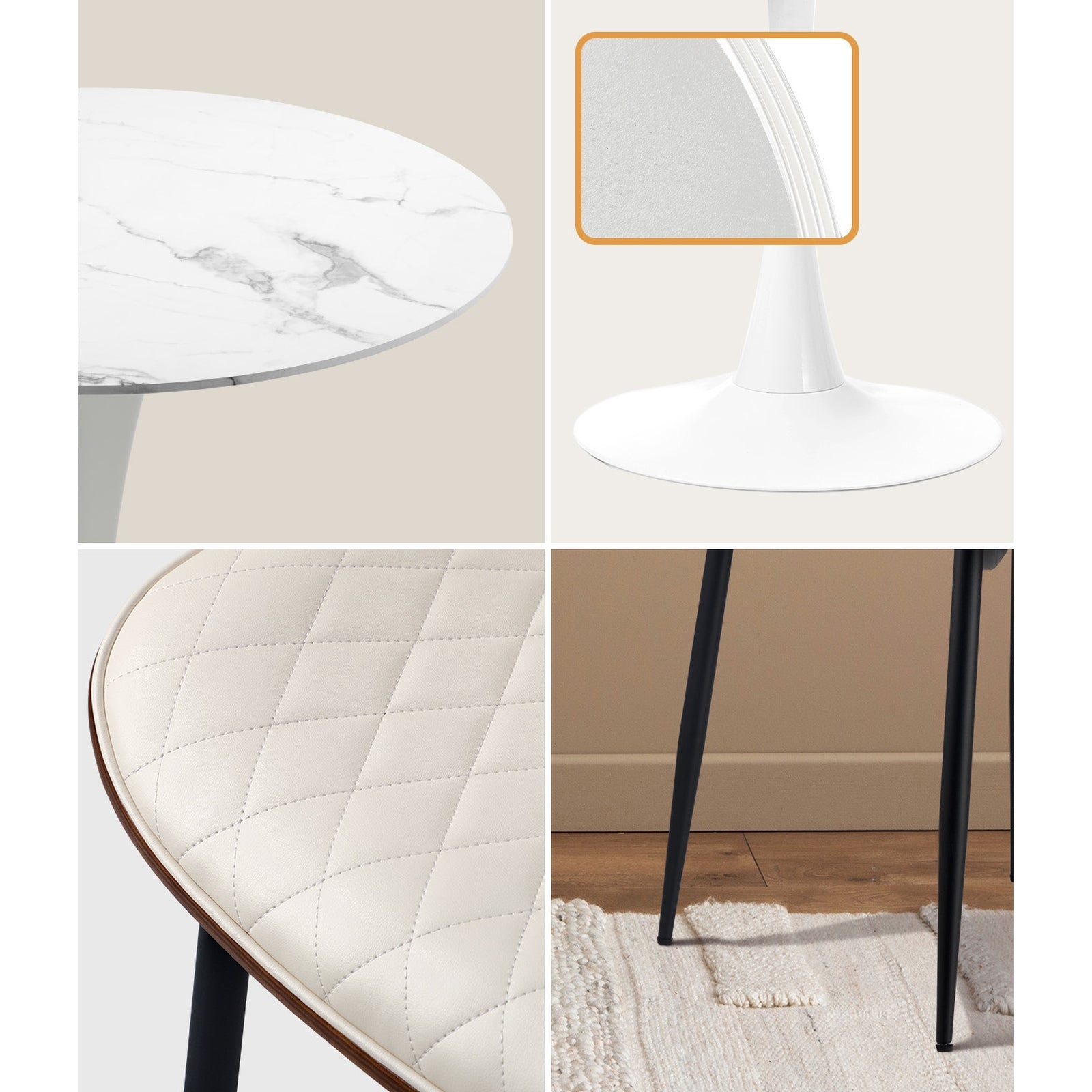 Oikiture Dining Table Set 90cm Round Dining Table and Chairs PU Leather White