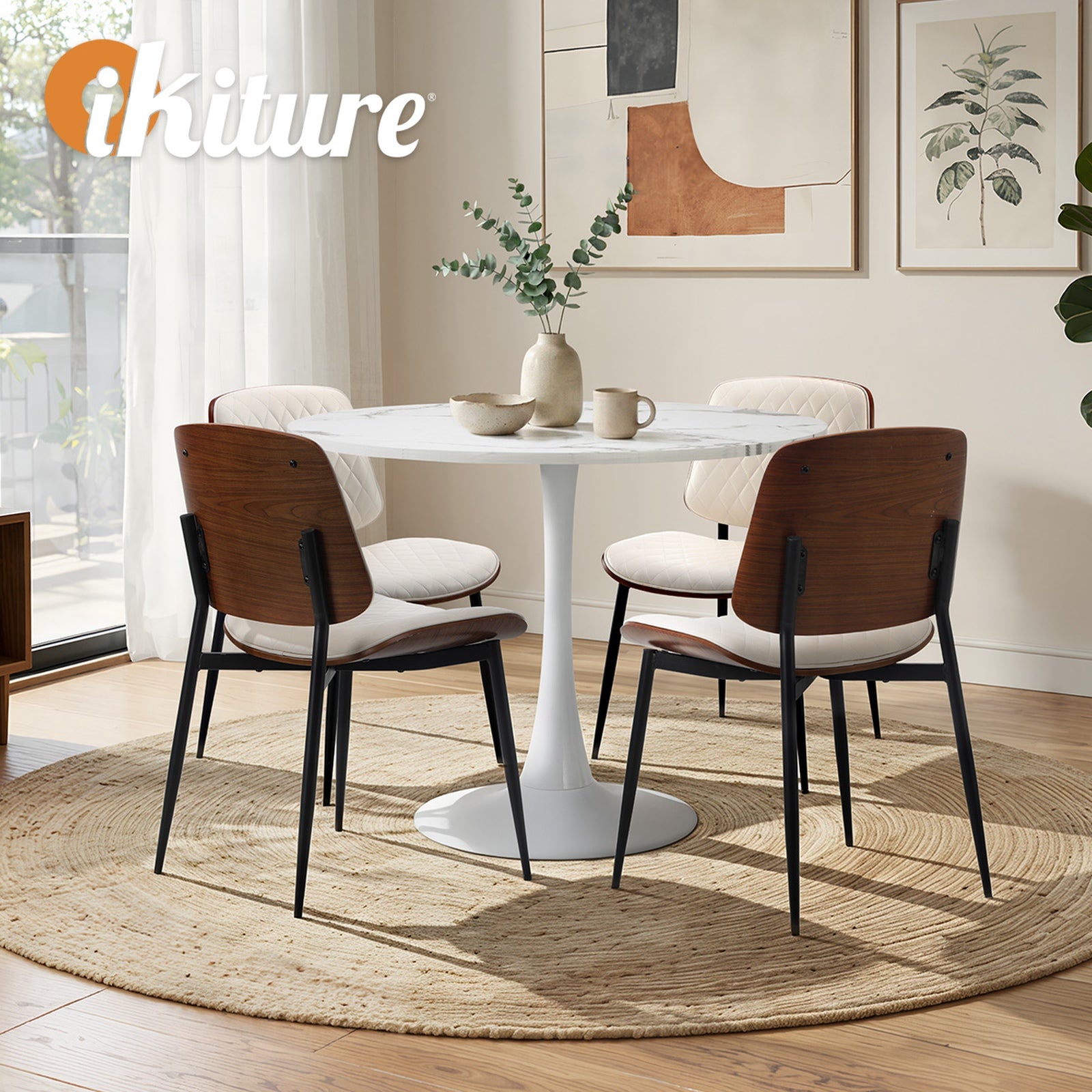 Oikiture Dining Table Set 90cm Round Dining Table and Chairs PU Leather White