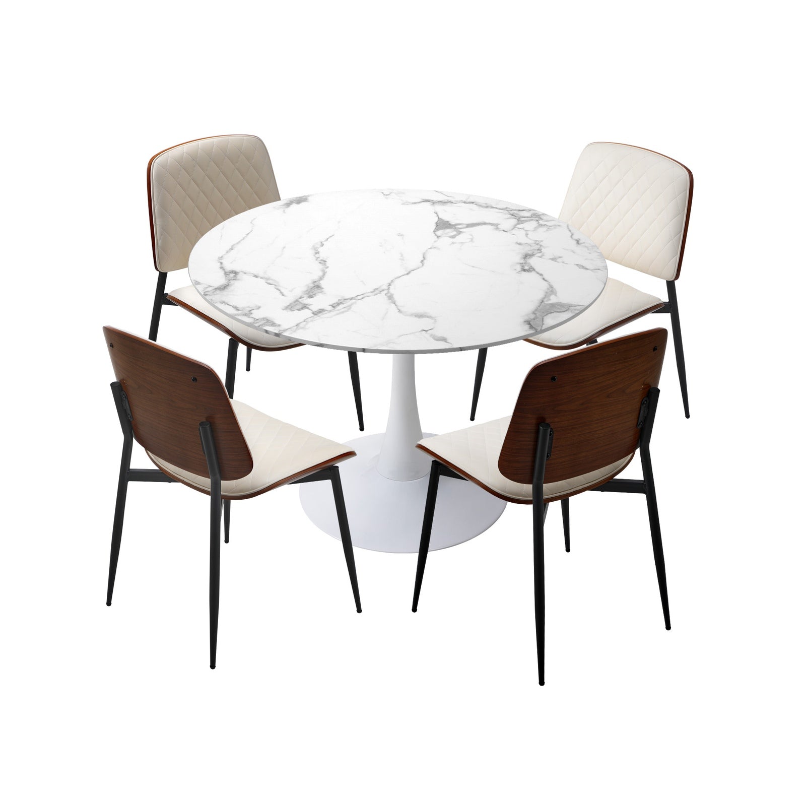 Oikiture Dining Table Set 90cm Round Dining Table and Chairs PU Leather White