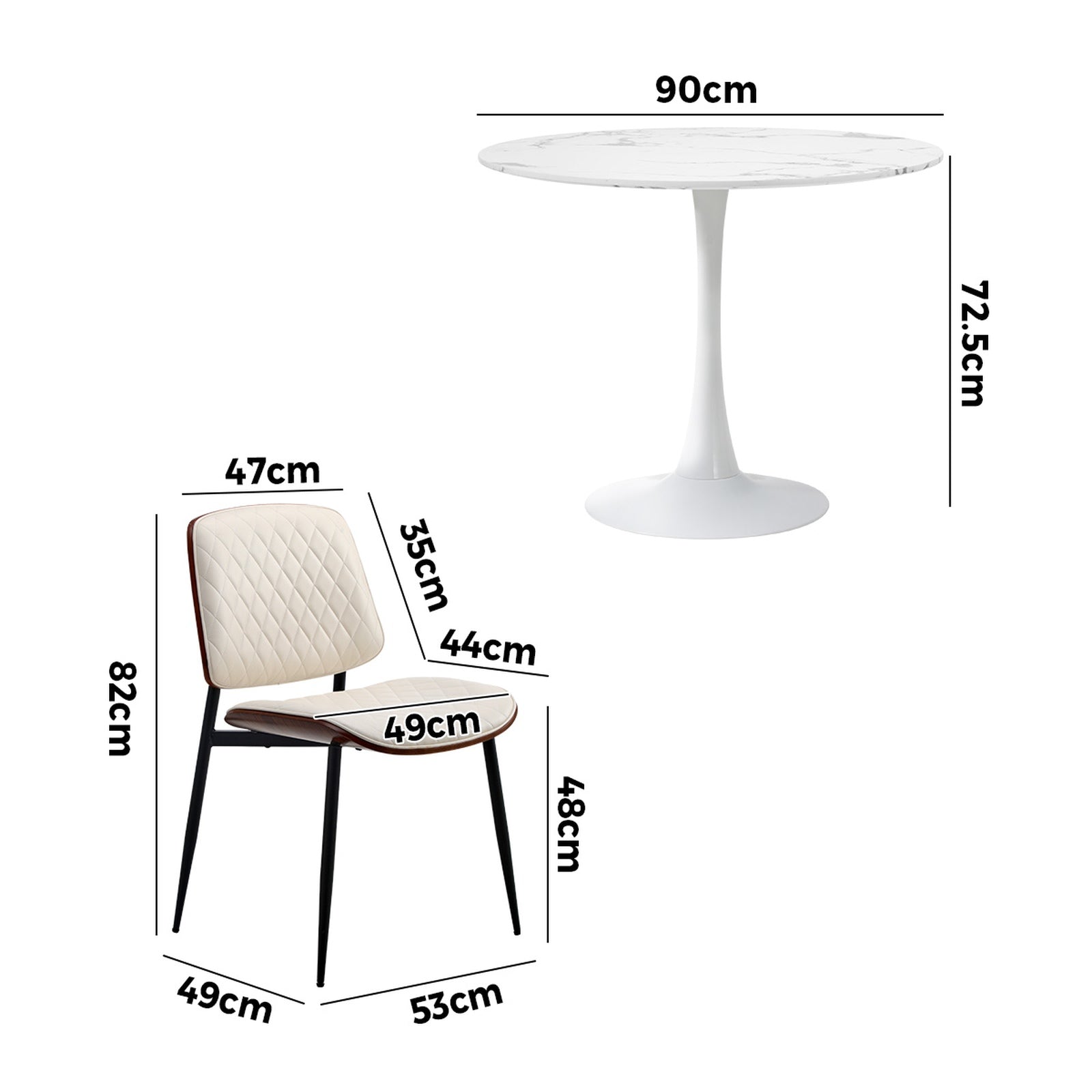 Oikiture Dining Table Set 90cm Round Dining Table and Chairs PU Leather White