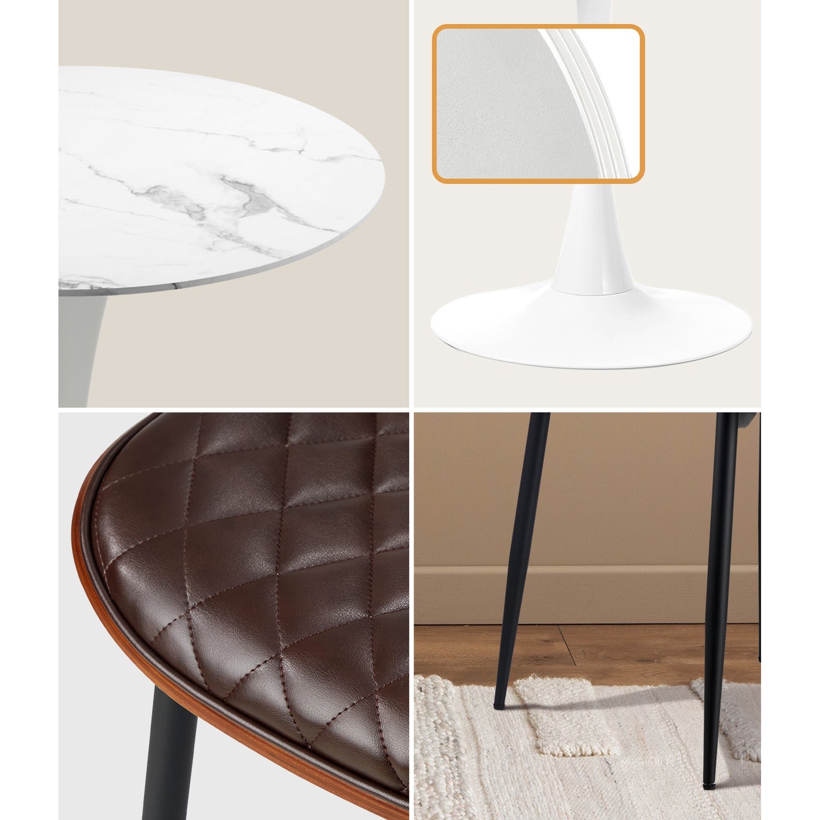 Oikiture Dining Table Set 90cm Round Dining Table and Chairs Brown&White