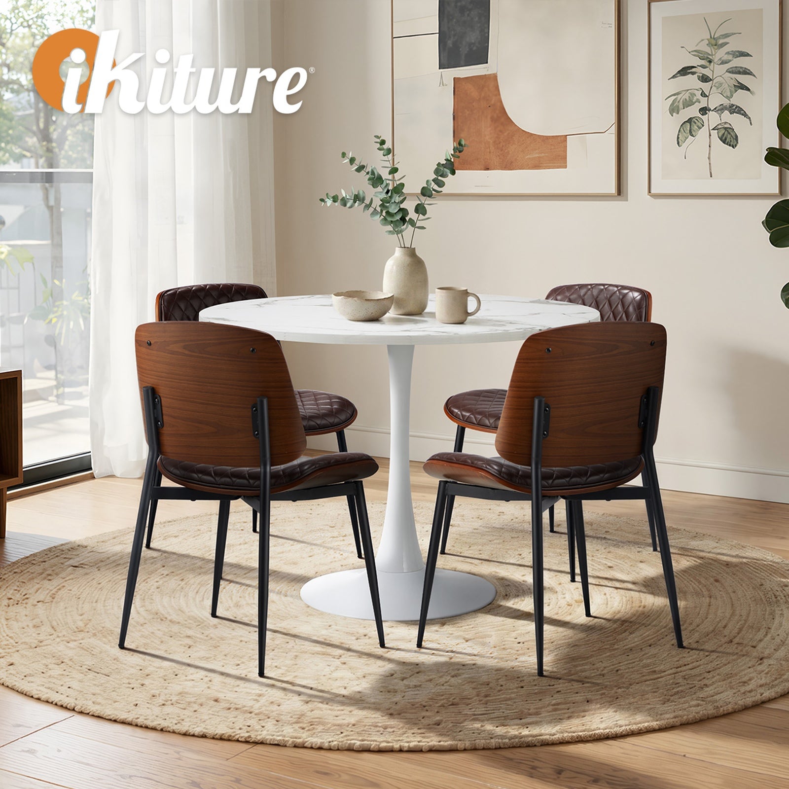 Oikiture Dining Table Set 90cm Round Dining Table and Chairs Brown&White
