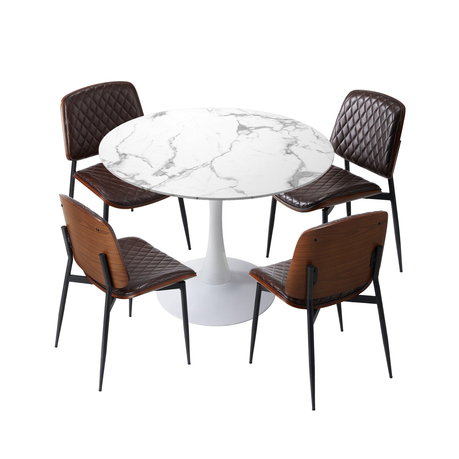 Oikiture Dining Table Set 90cm Round Dining Table and Chairs Brown&White