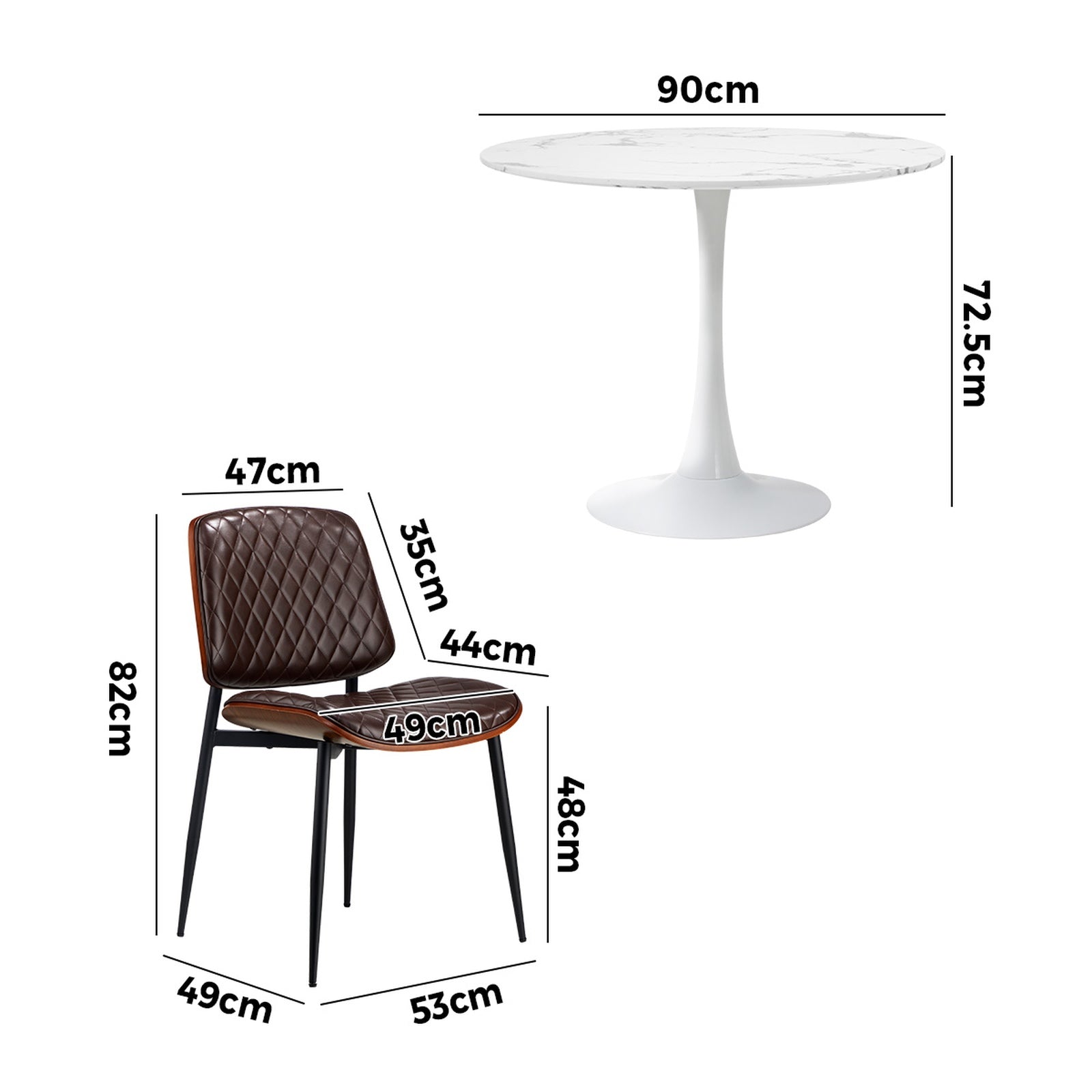 Oikiture Dining Table Set 90cm Round Dining Table and Chairs Brown&White
