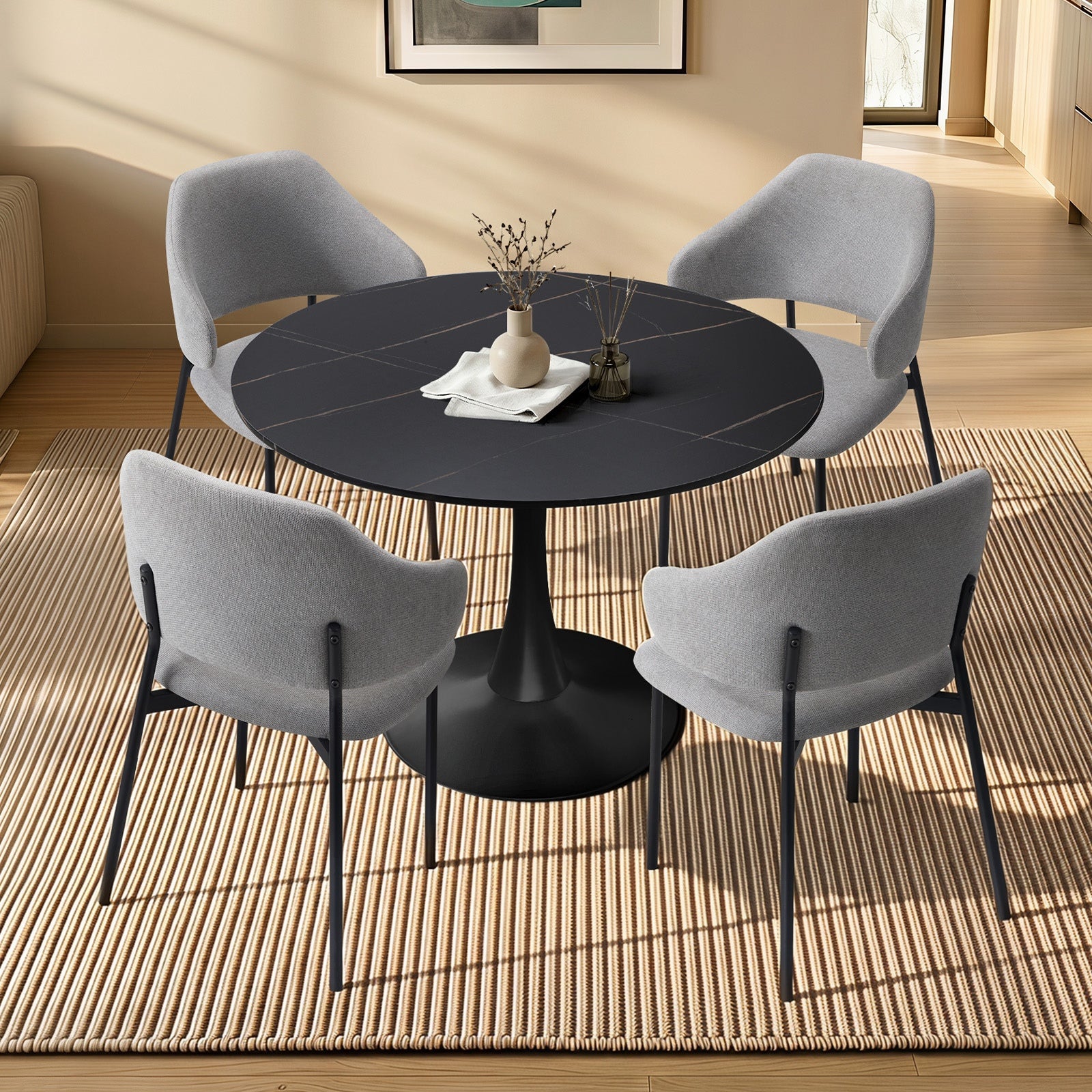 Oikiture 5PCS Dining Table Set Round Table Sherpa Dining Chairs Grey