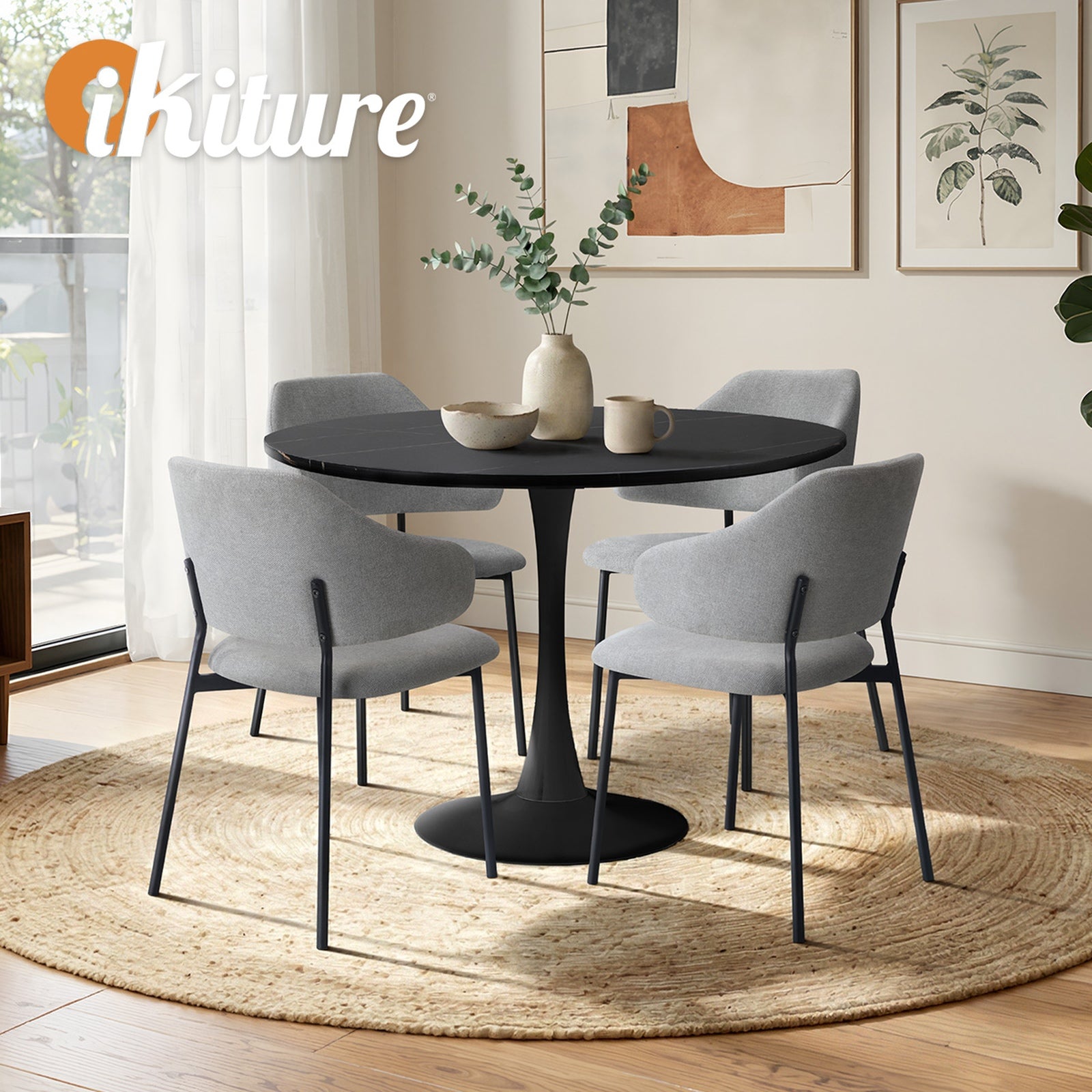 Oikiture 5PCS Dining Table Set Round Table Sherpa Dining Chairs Grey