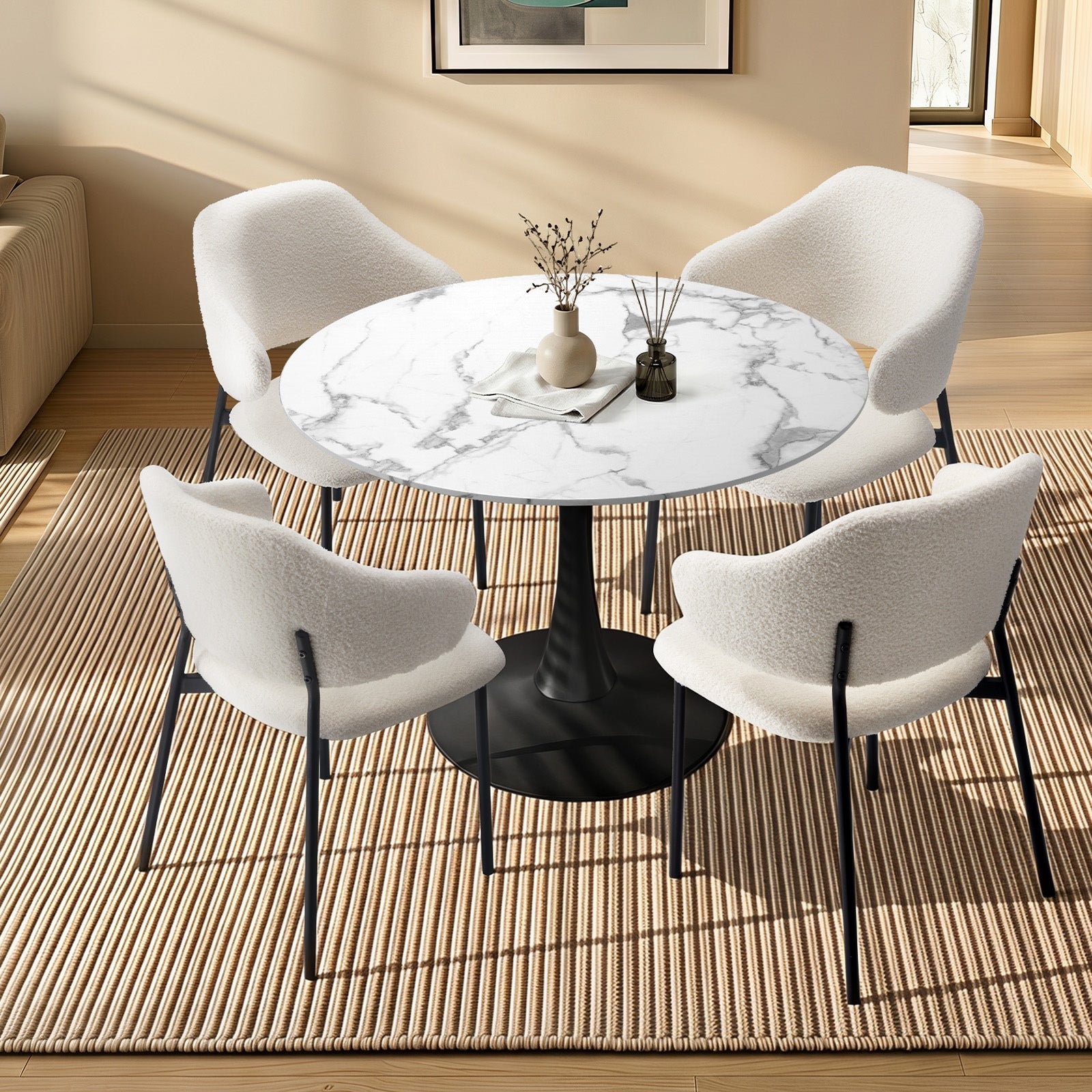Oikiture 5PCS Dining Table Set Round Table Sherpa Dining Chairs White&Black