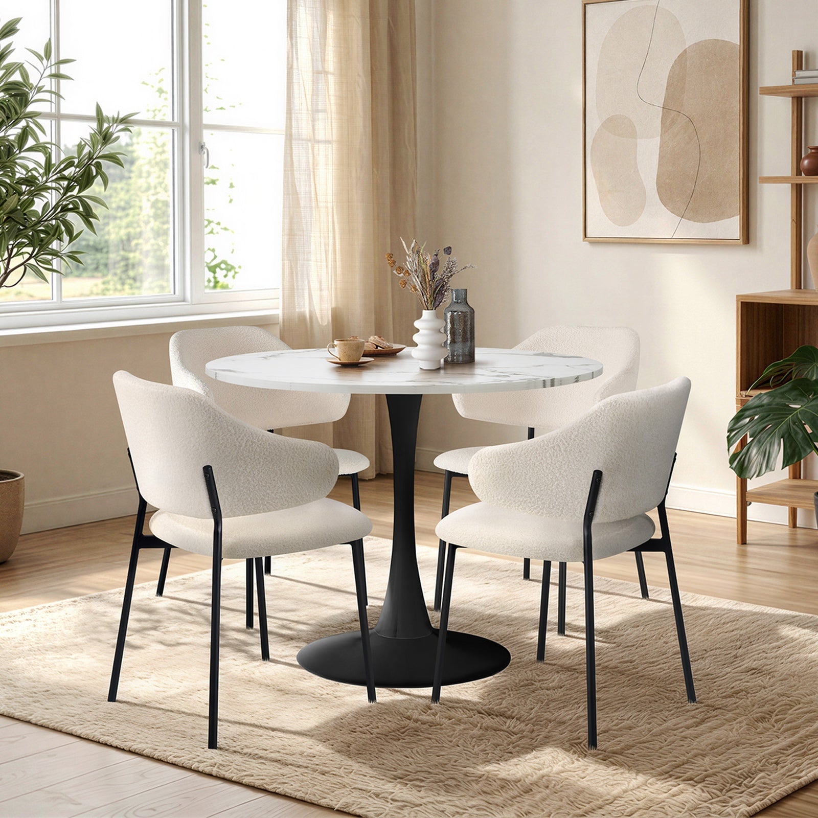Oikiture 5PCS Dining Table Set Round Table Sherpa Dining Chairs White&Black