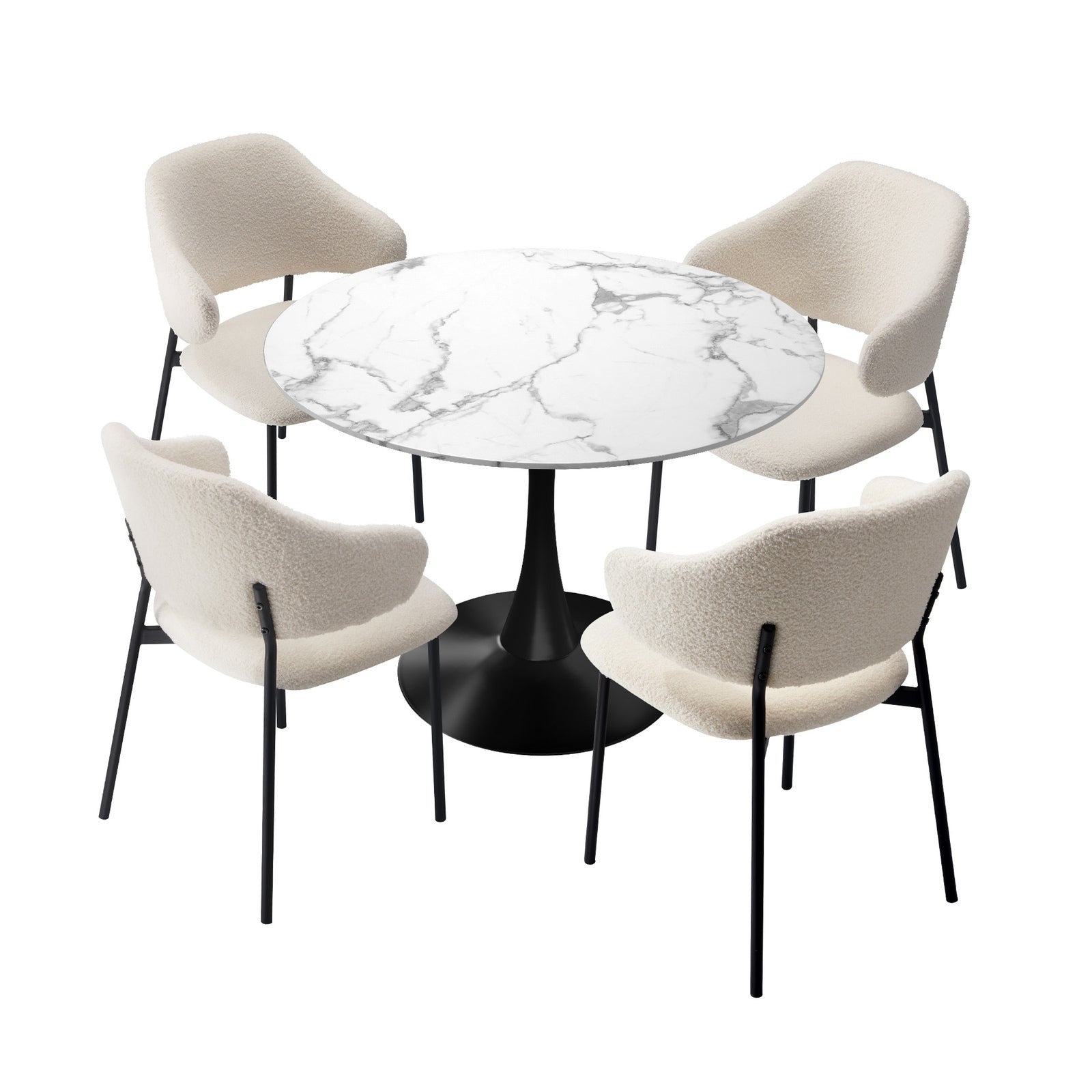 Oikiture 5PCS Dining Table Set Round Table Sherpa Dining Chairs White&Black