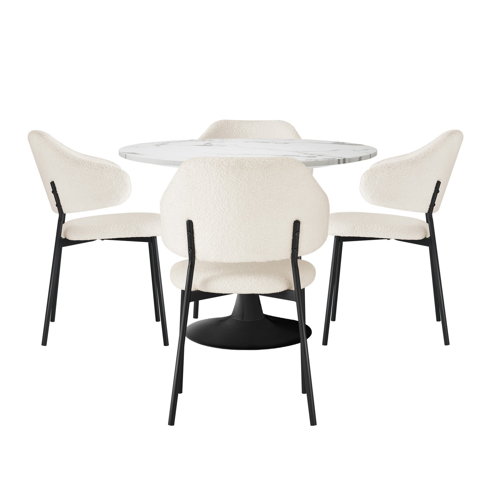 Oikiture 5PCS Dining Table Set Round Table Sherpa Dining Chairs White&Black