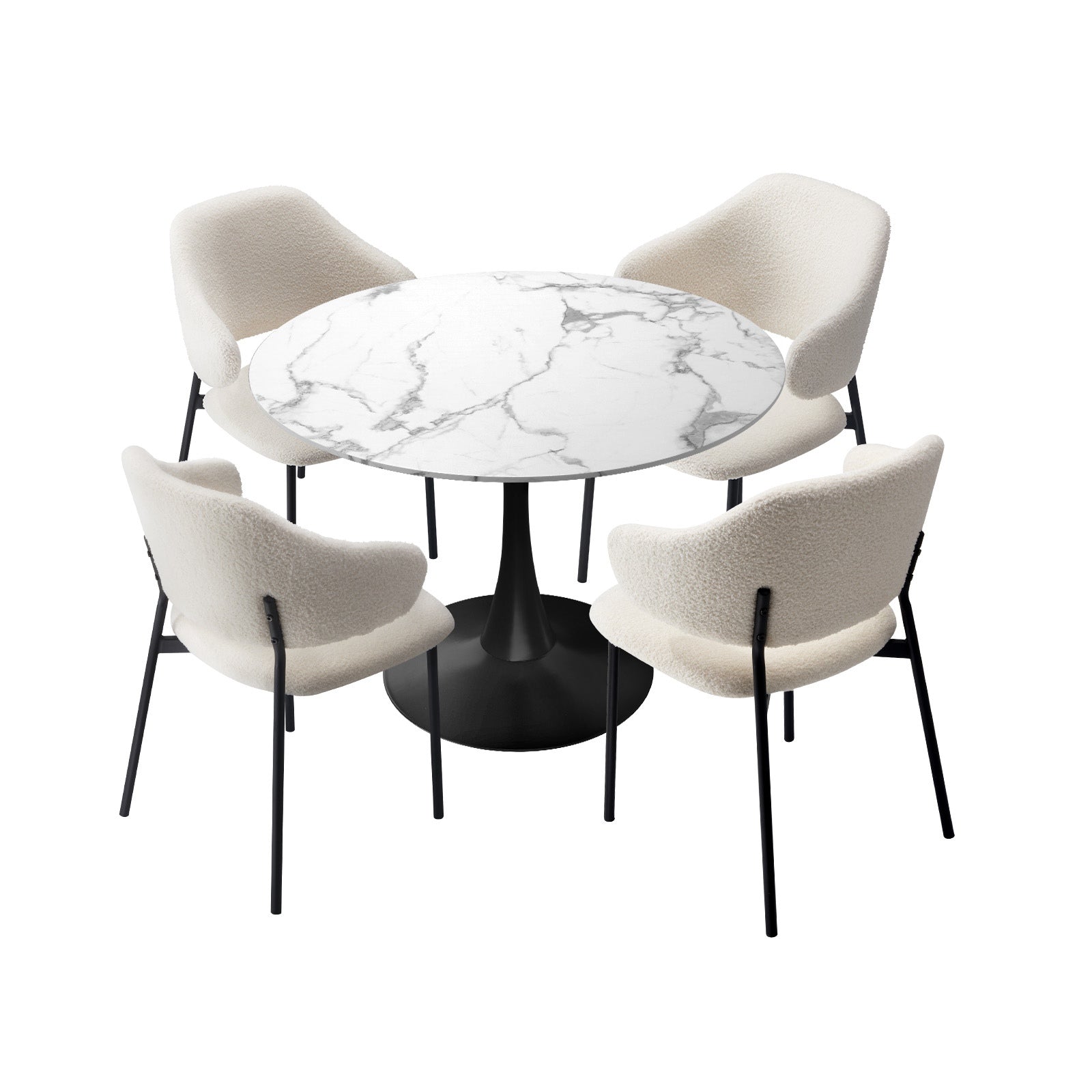 Oikiture 5PCS Dining Table Set Round Table Sherpa Dining Chairs White&Black