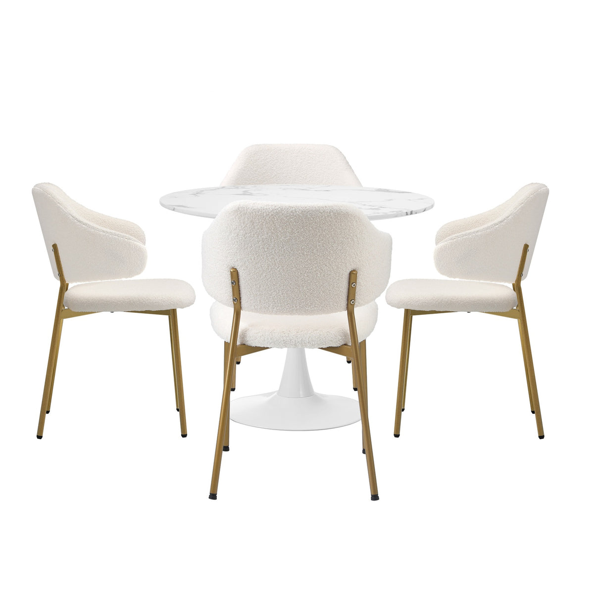 Oikiture 90cm Round Dining Table with 4x Dining Chairs Sherpa Gold&White - Sunyee