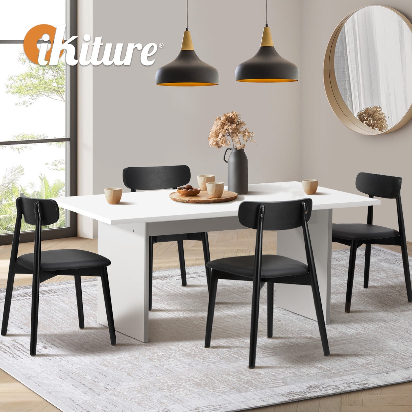 Oikiture 4-Seater Dining Table and Chairs Wooden Furniture Set Black - Sunyee