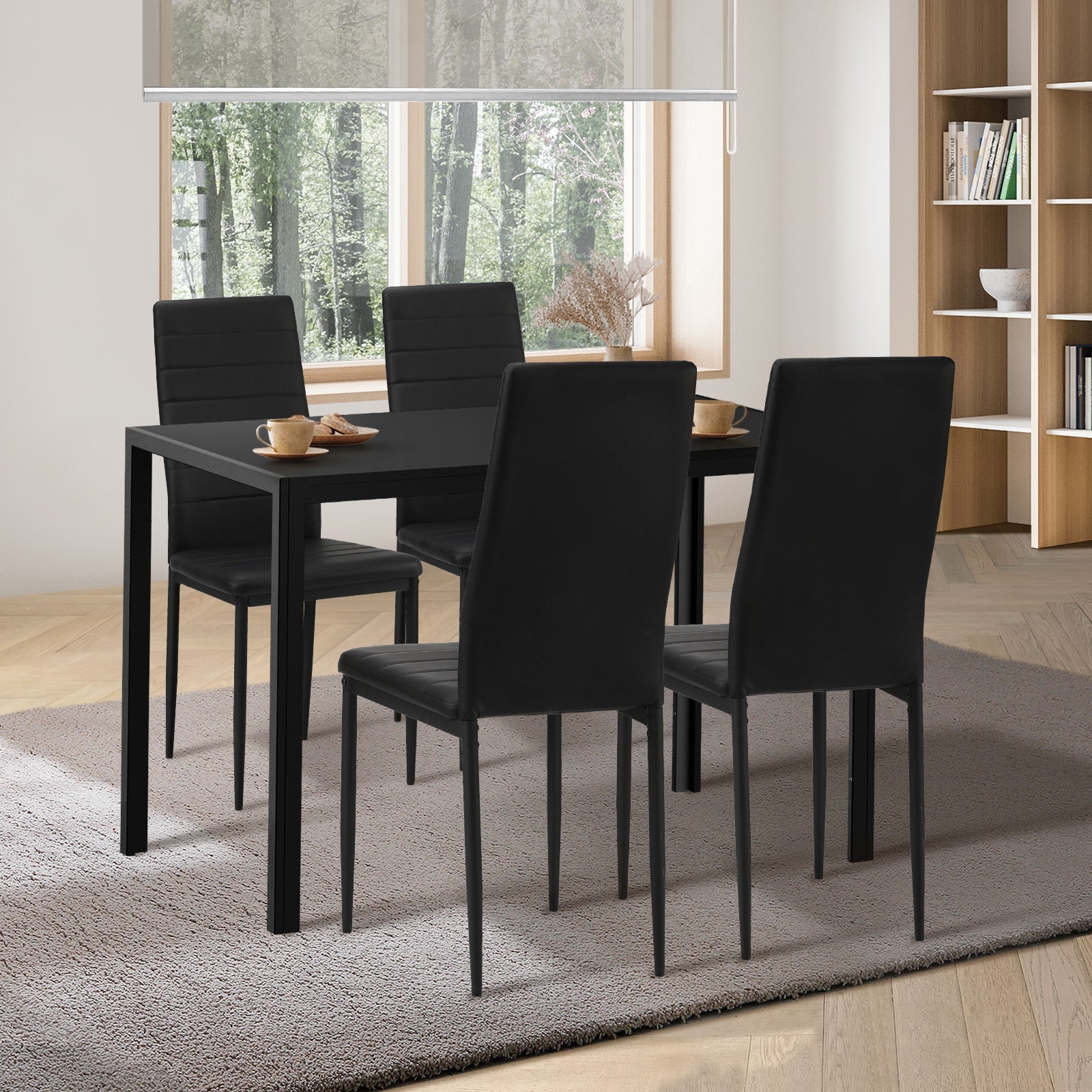 Oikiture 120cm Rectangle Dining Table with 4PCS Dining Chairs Wooden Black - Sunyee