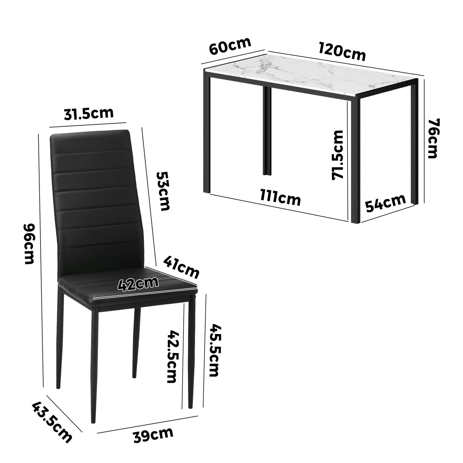 Oikiture 120cm Rectangle Dining Table with 4PCS Dining Chairs Marble White&Black - Sunyee