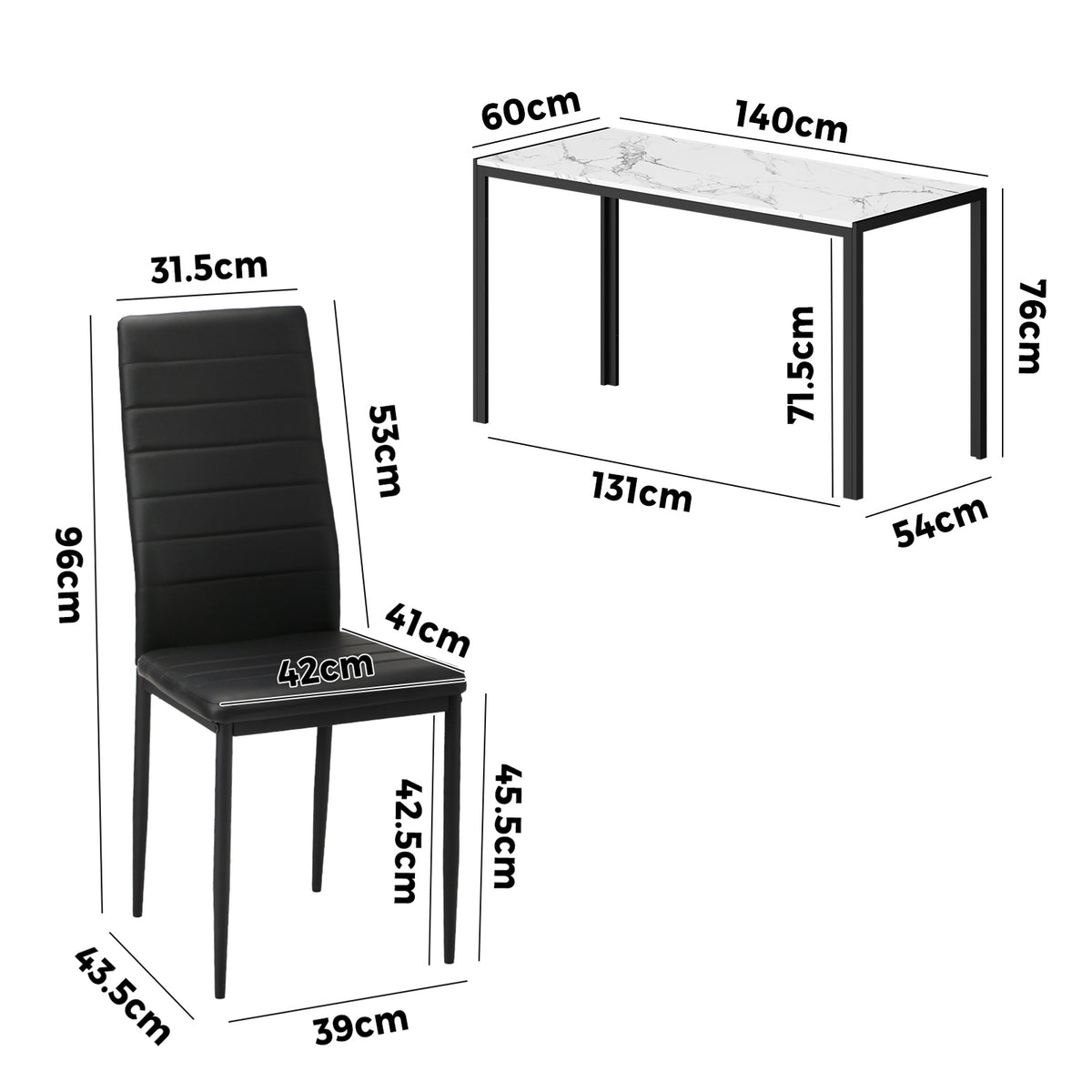 Oikiture 140cm Rectangle Dining Table with 6PCS Dining Chairs Marble White&Black - Sunyee