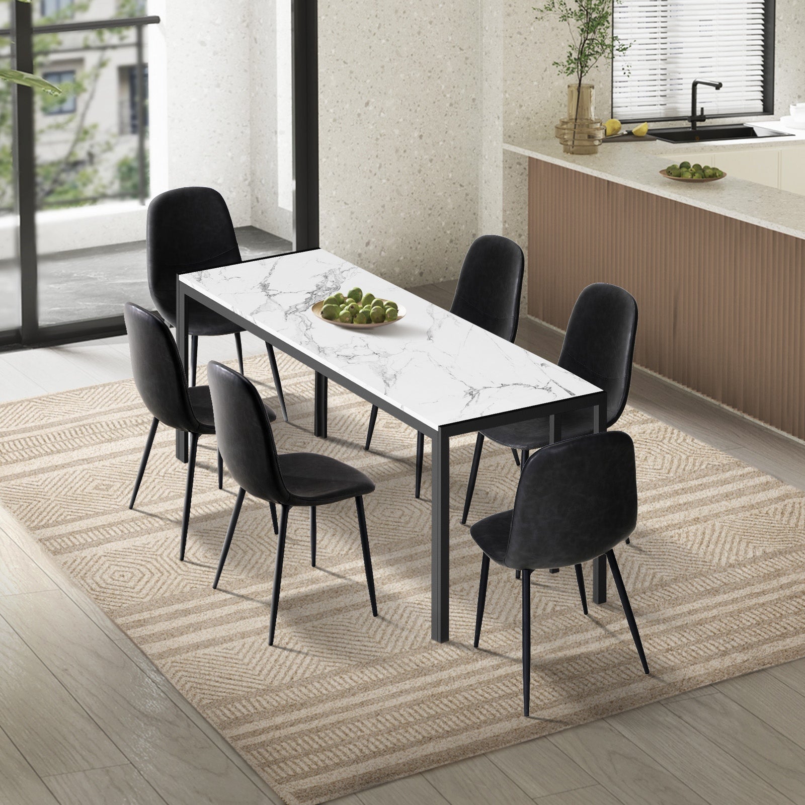 Oikiture 1.4m Rectangular Dining Table and Chairs 6-Seater Kitchen Furniture Set - Sunyee