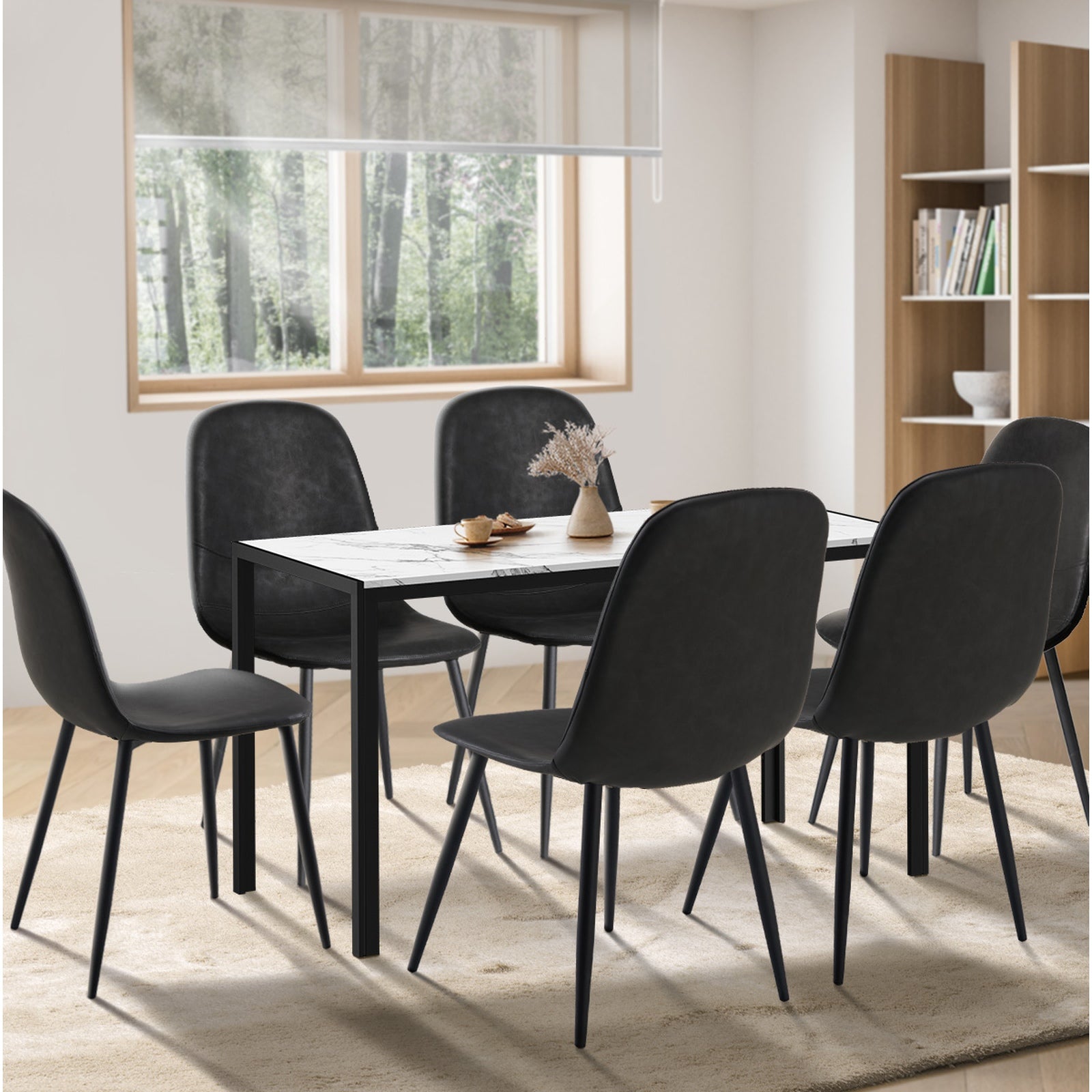 Oikiture 1.4m Rectangular Dining Table and Chairs 6-Seater Kitchen Furniture Set - Sunyee