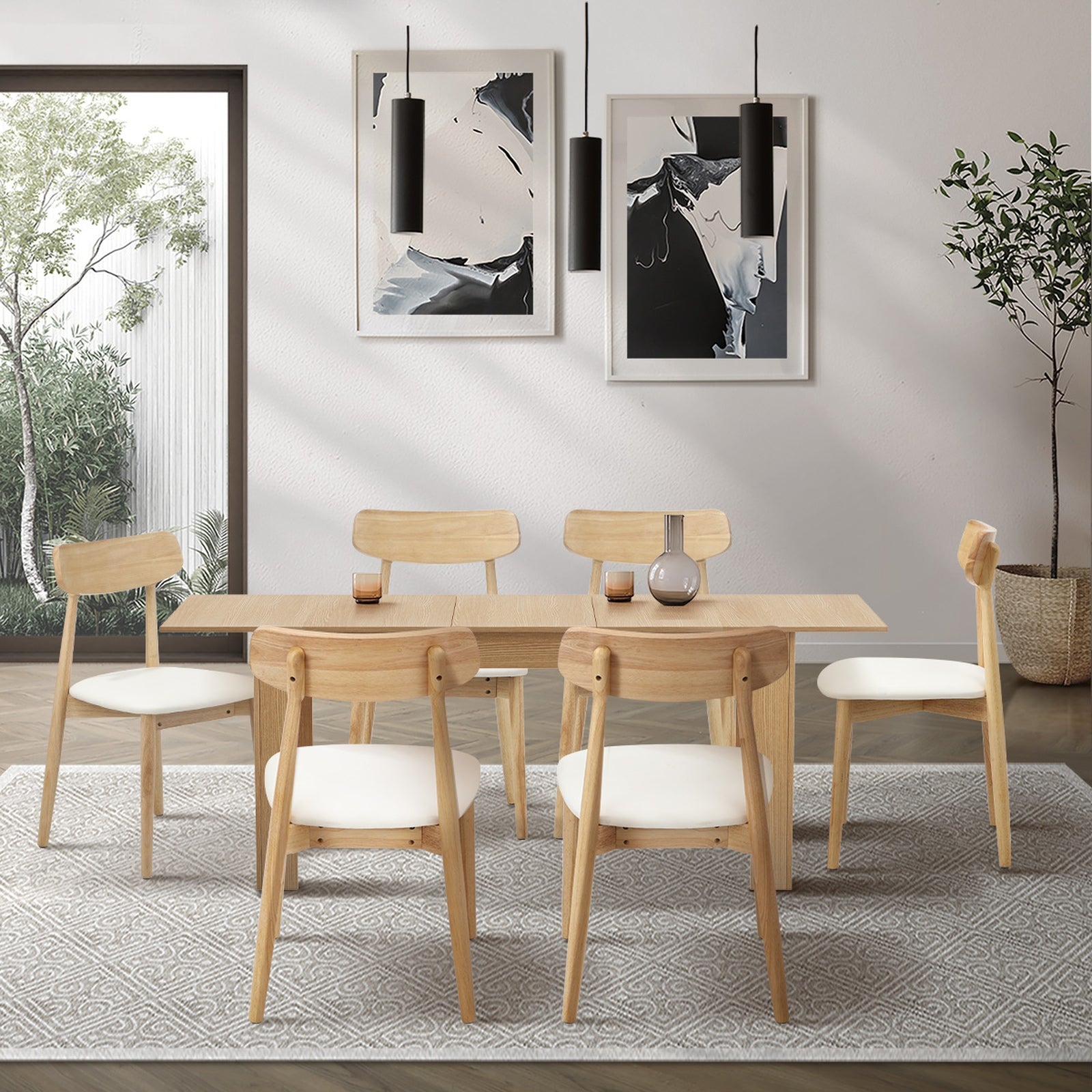 Oikiture 200cm Extendable Dining Table with 6x Dining Chairs PU Leather Natural - Sunyee