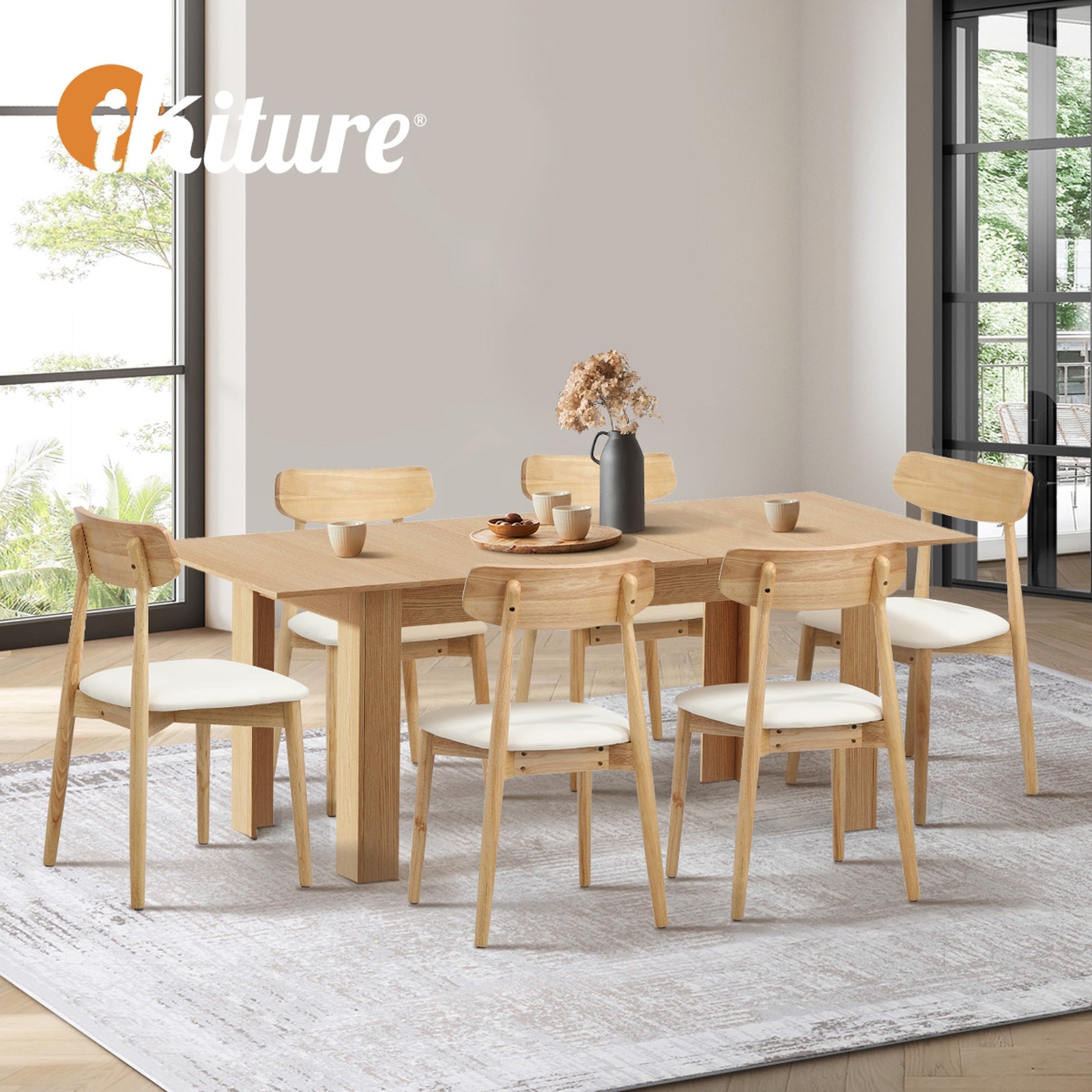 Oikiture 200cm Extendable Dining Table with 6x Dining Chairs PU Leather Natural - Sunyee
