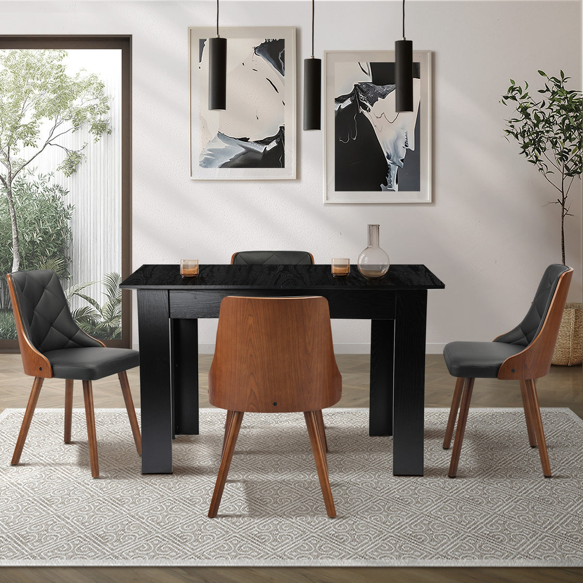 Oikiture 160cm Extendable Dining Table with 4PCS Dining Chairs PU Leather Black - Sunyee