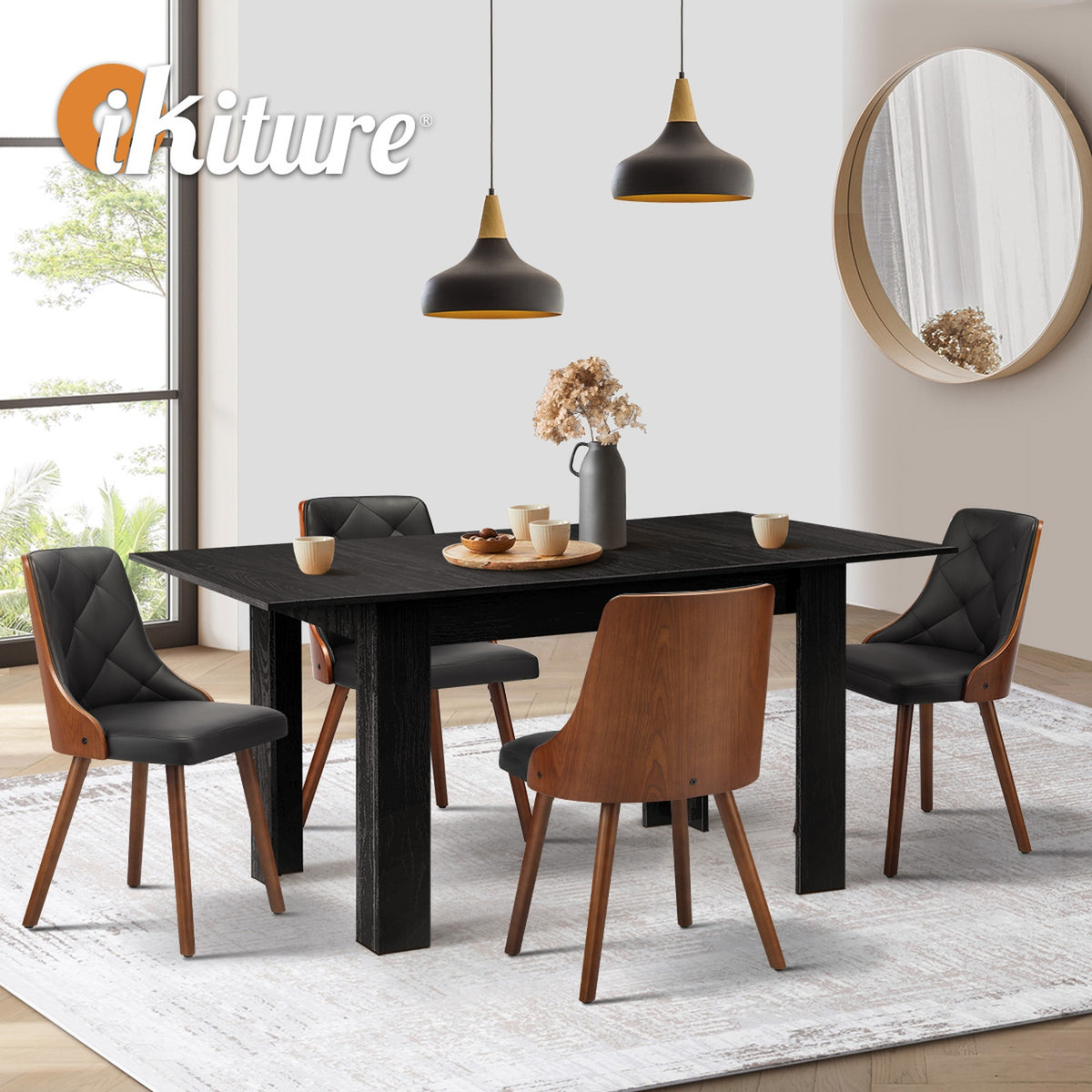 Oikiture 160cm Extendable Dining Table with 4PCS Dining Chairs PU Leather Black - Sunyee