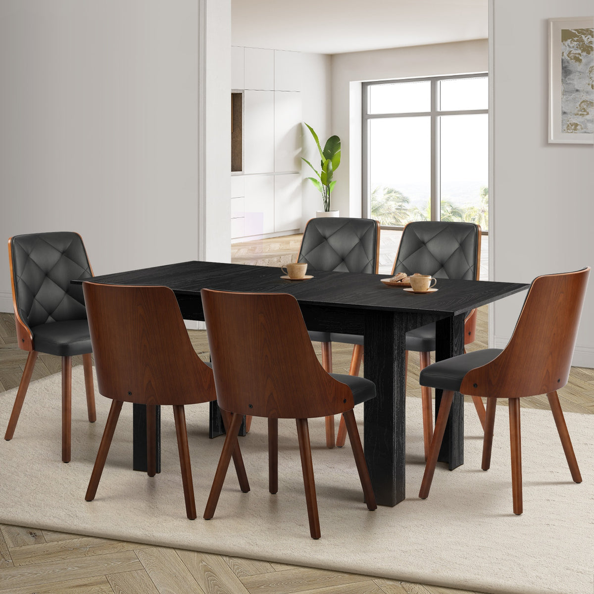 Oikiture 160cm Extendable Dining Table with 6PCS Dining Chairs PU Leather Black - Sunyee