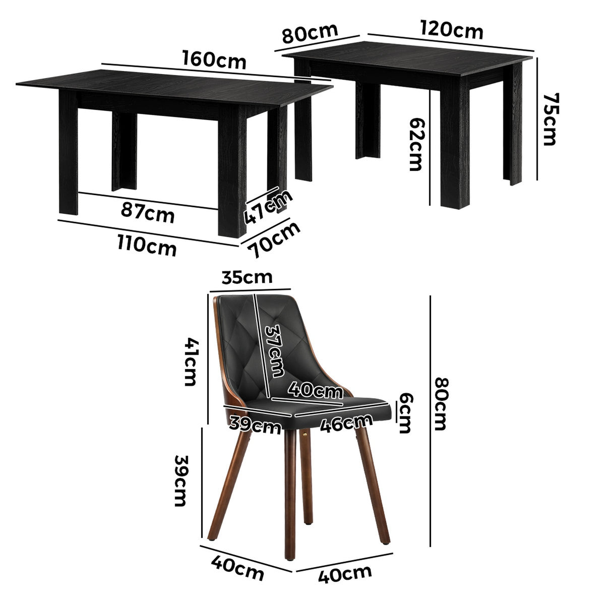 Oikiture 160cm Extendable Dining Table with 6PCS Dining Chairs PU Leather Black - Sunyee