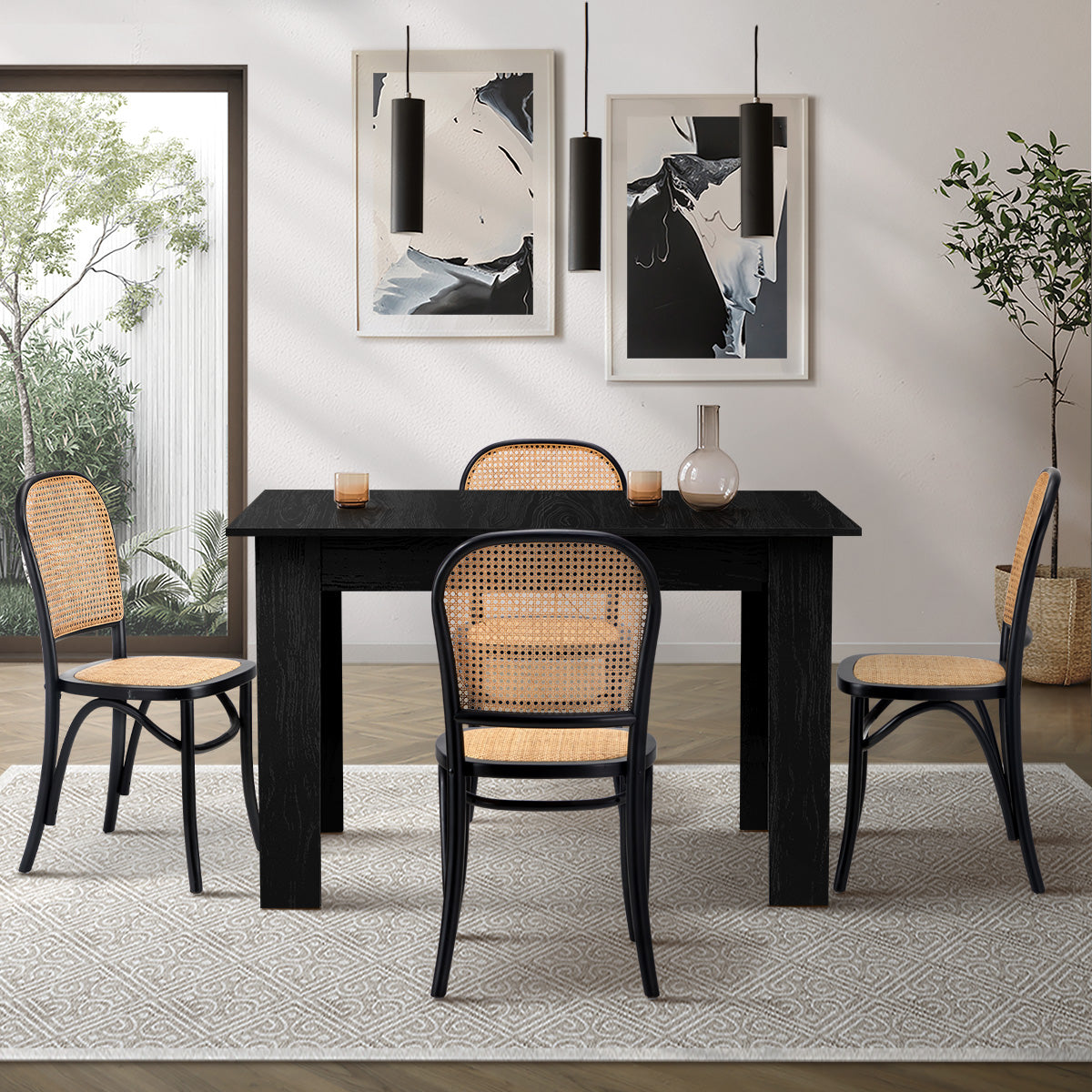 Oikiture 160cm Extendable Dining Table with 4PCS Dining Chairs Rattan Black - Sunyee