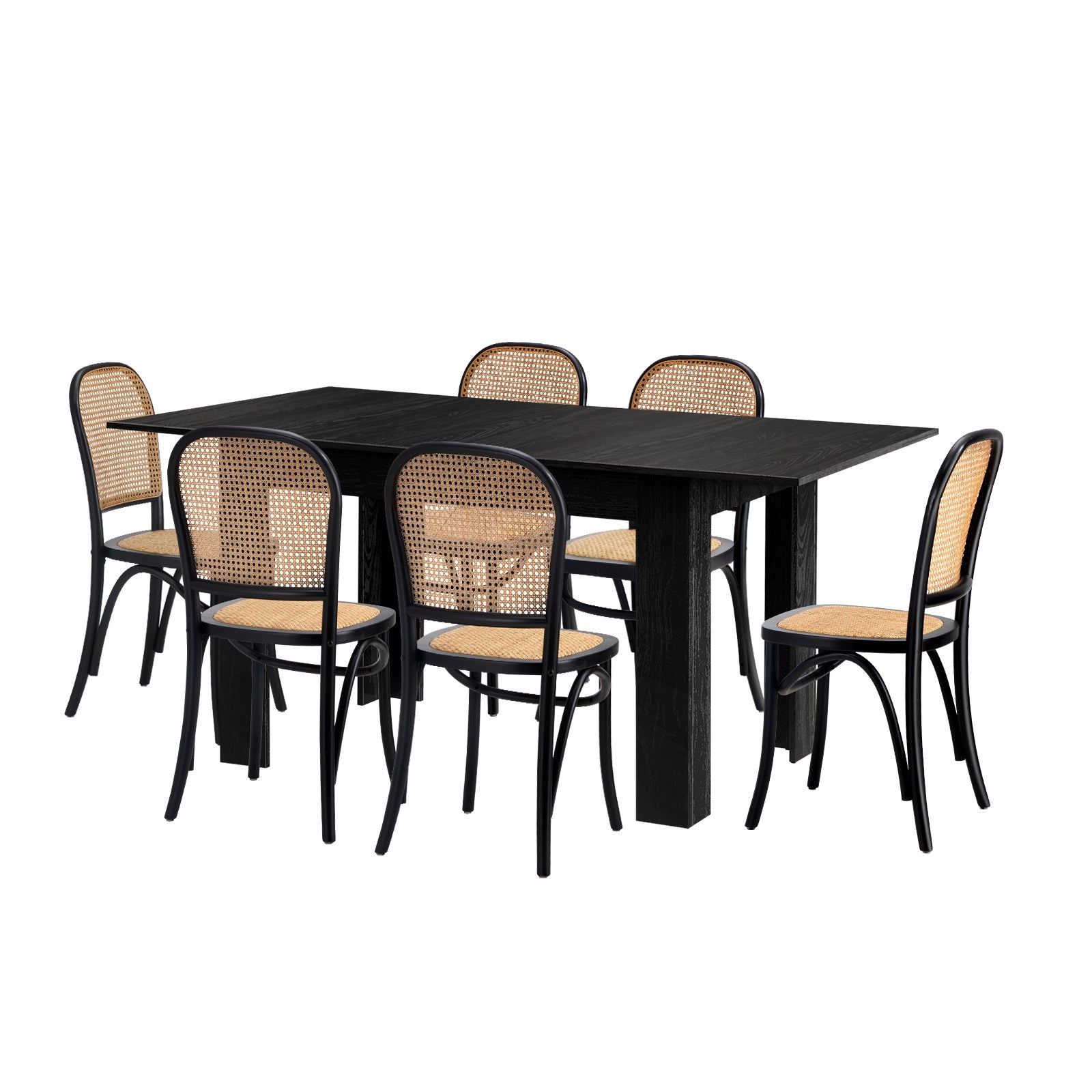 Oikiture 160cm Extendable Dining Table with 4PCS Dining Chairs Rattan Black - Sunyee