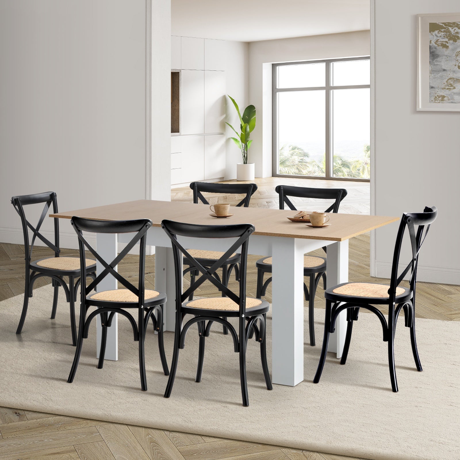 Oikiture 160cm Extendable Dining Table with 6PCS Dining Chairs Crossback Black - Sunyee