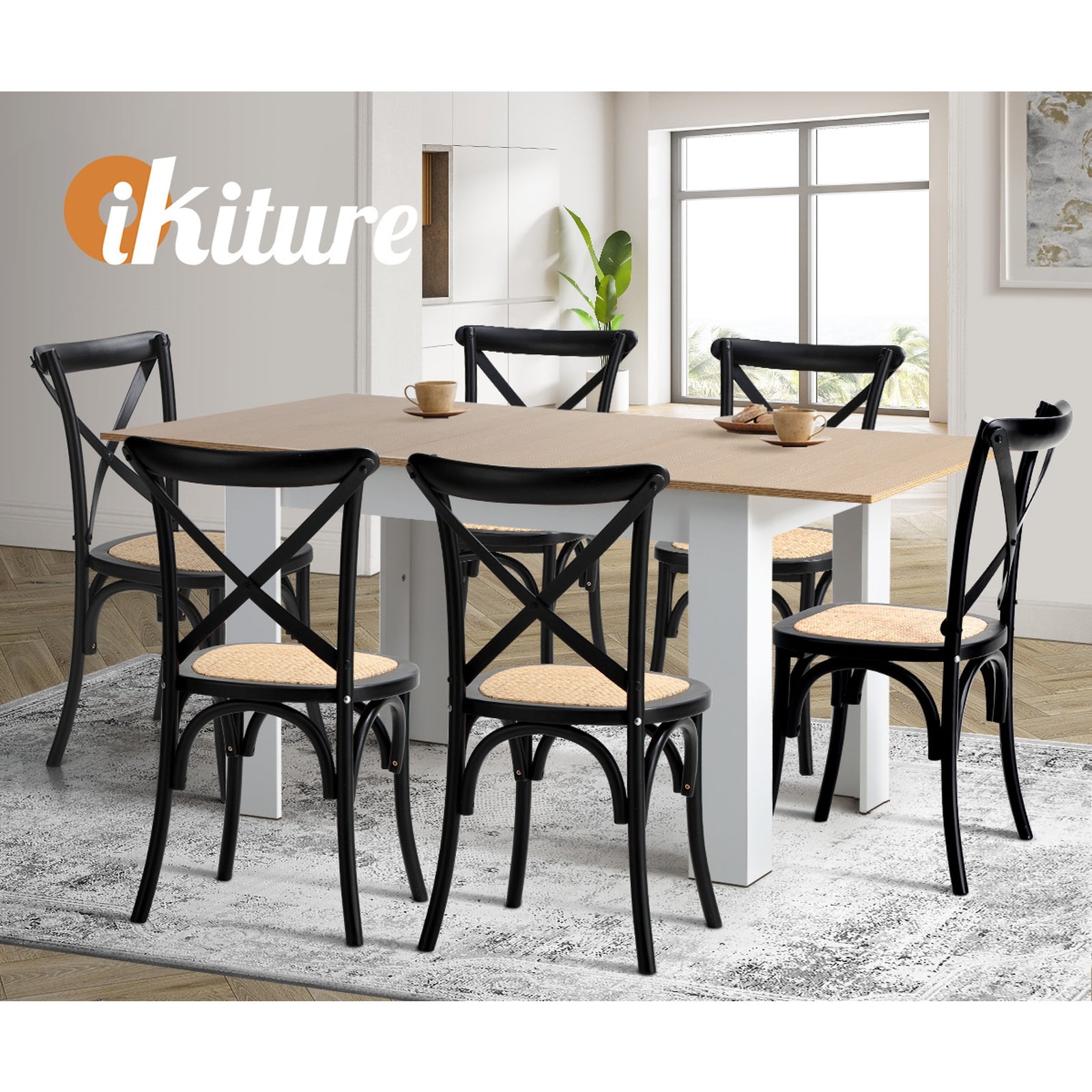 Oikiture 160cm Extendable Dining Table with 6PCS Dining Chairs Crossback Black - Sunyee