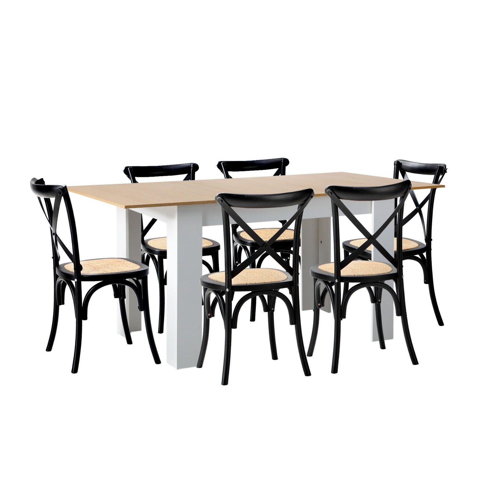 Oikiture 160cm Extendable Dining Table with 6PCS Dining Chairs Crossback Black - Sunyee