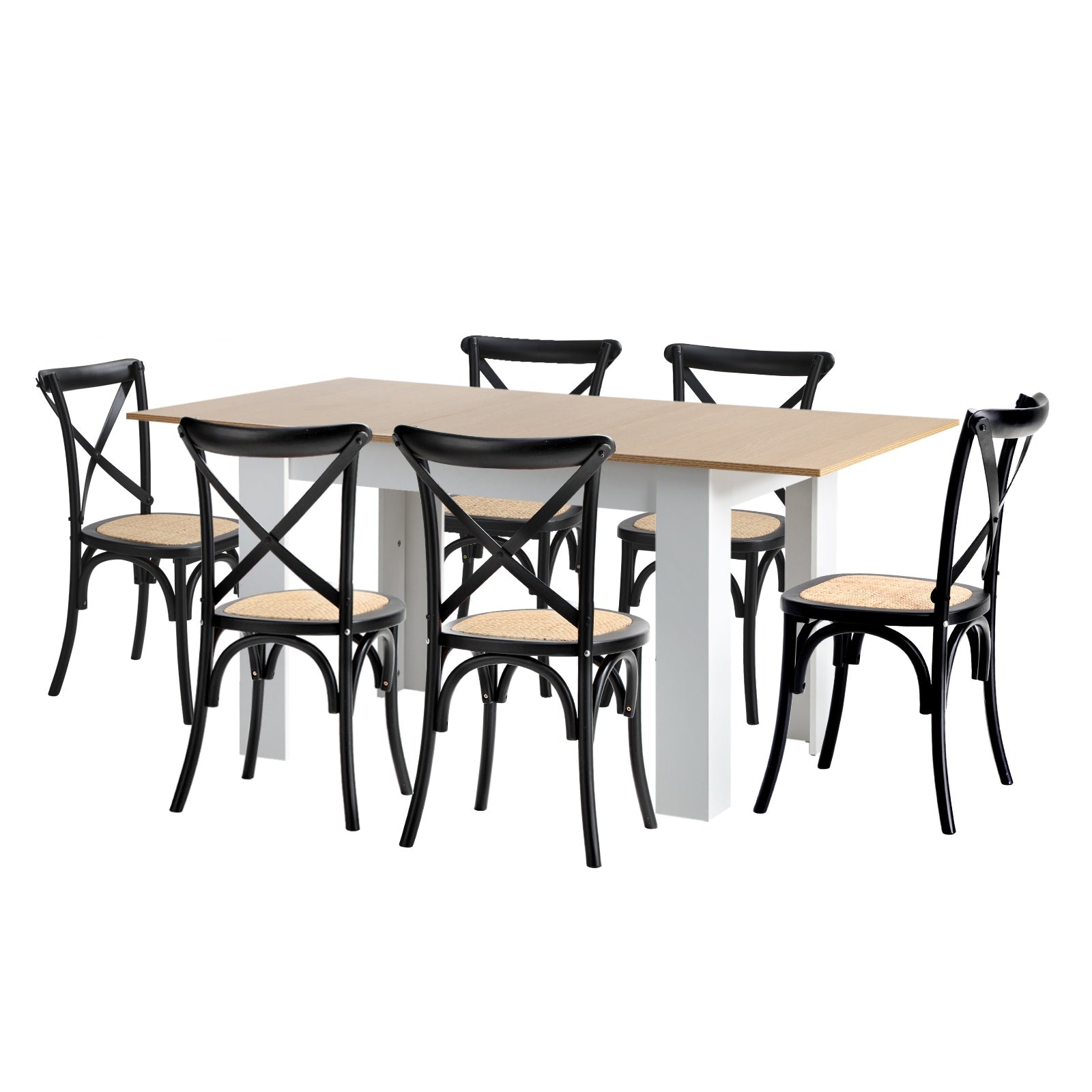 Oikiture 160cm Extendable Dining Table with 6PCS Dining Chairs Crossback Black - Sunyee