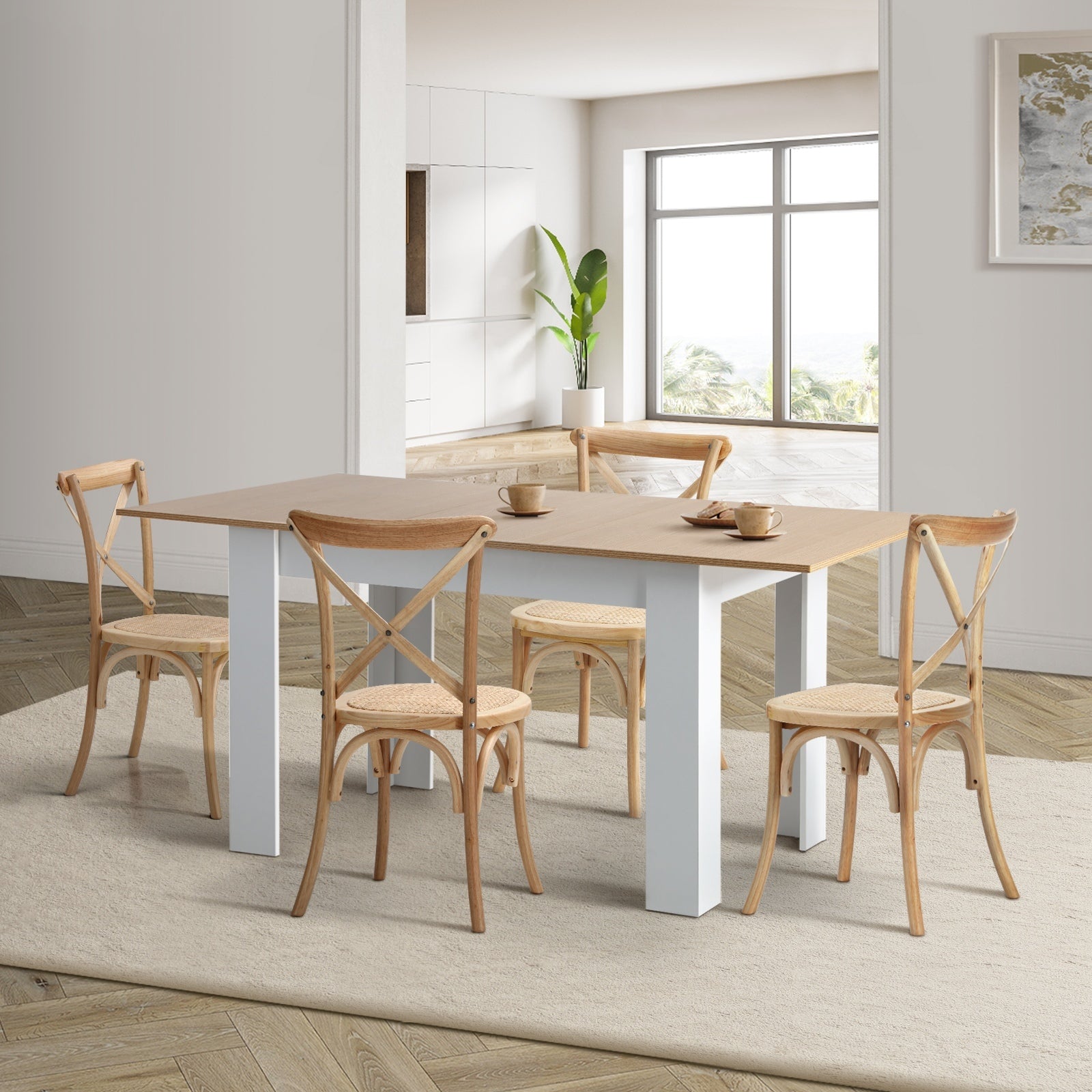 Oikiture 160cm Extendable Dining Table with 4PCS Dining Chairs Crossback Wooden - Sunyee