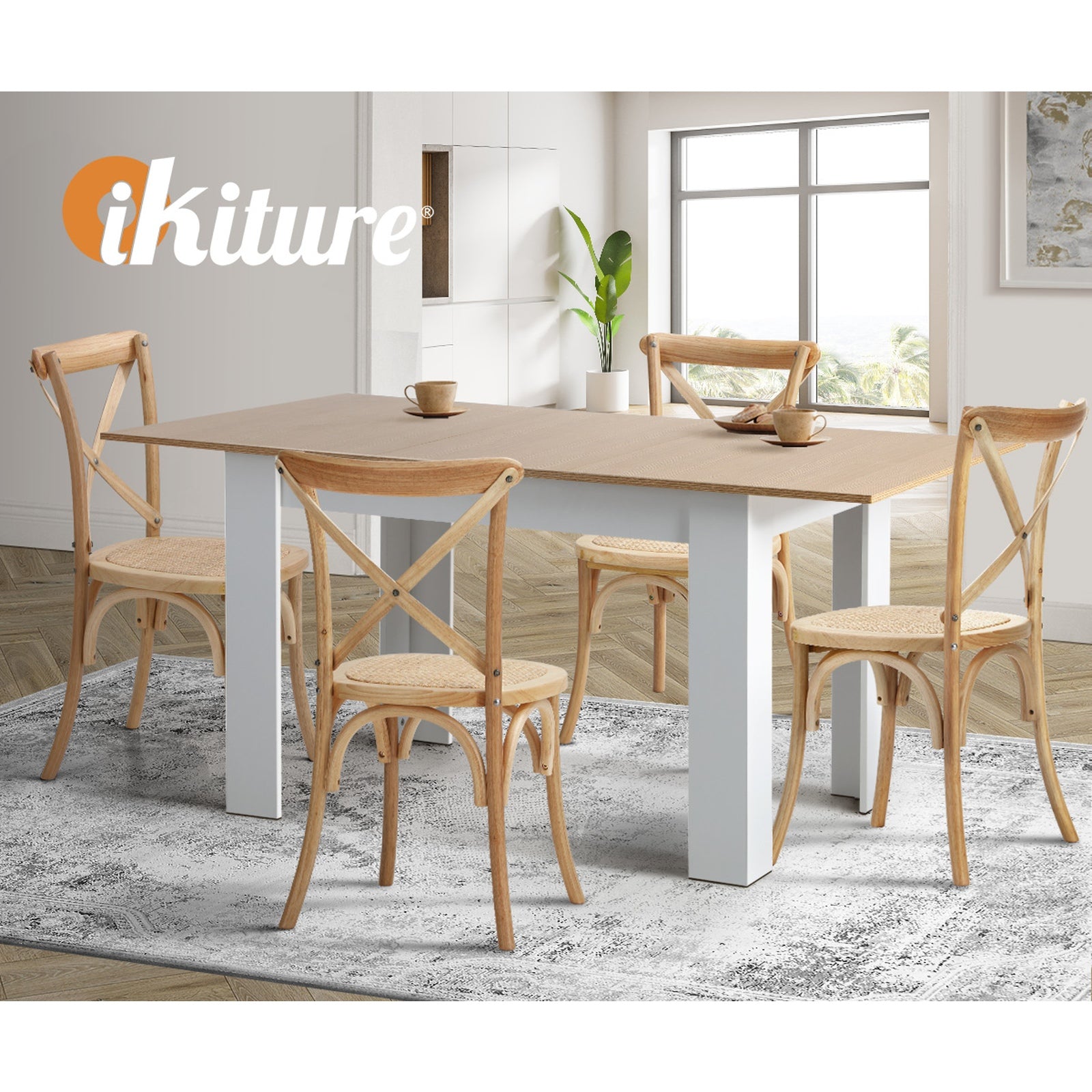 Oikiture 160cm Extendable Dining Table with 4PCS Dining Chairs Crossback Wooden - Sunyee