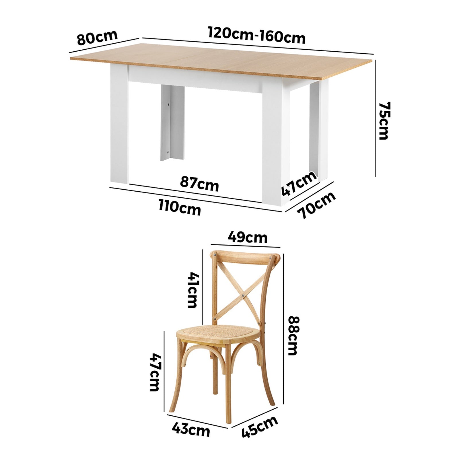 Oikiture 160cm Extendable Dining Table with 6PCS Dining Chairs Crossback Wooden - Sunyee