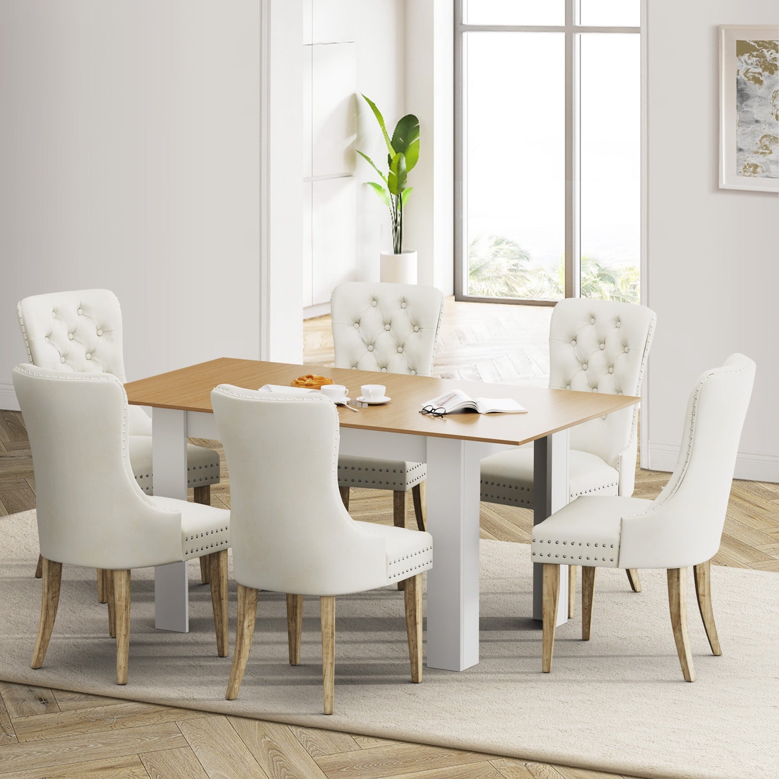 Oikiture 160cm Extendable Dining Table with 6PCS Dining Chairs Velvet Beige - Sunyee