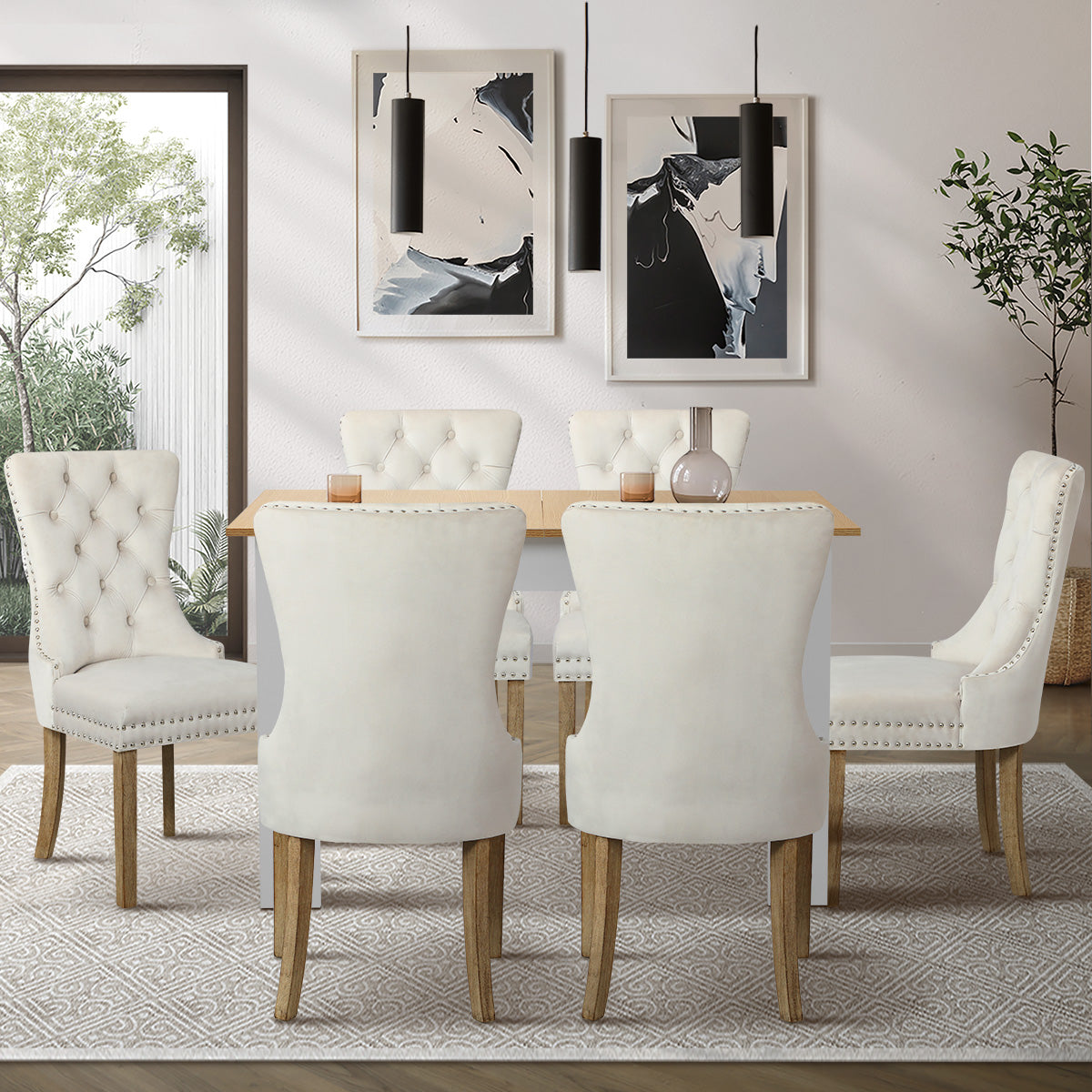 Oikiture 160cm Extendable Dining Table with 6PCS Dining Chairs Velvet Beige - Sunyee