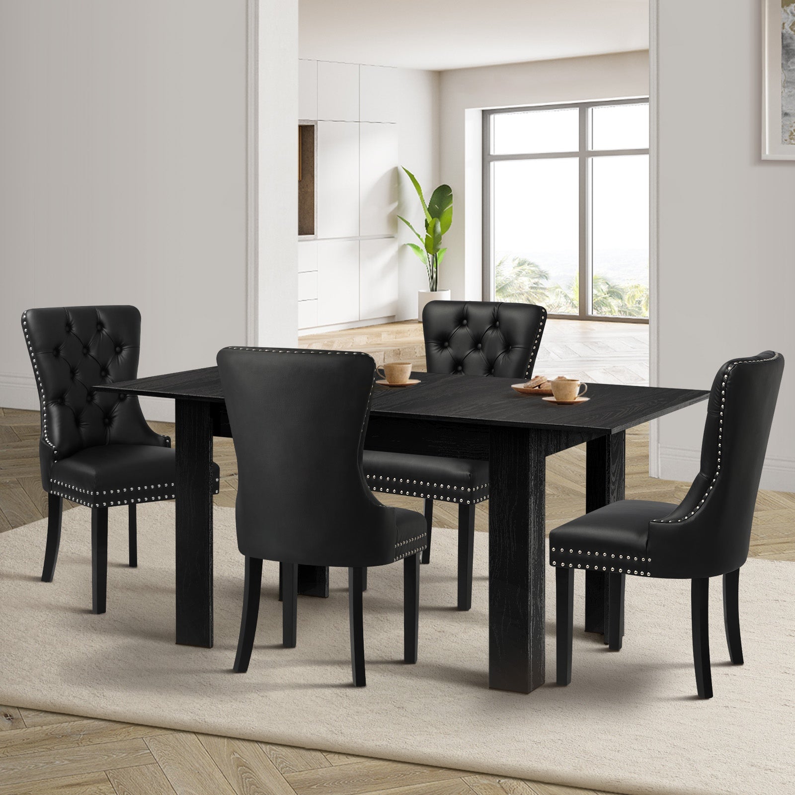 Oikiture 160cm Extendable Dining Table with 4PCS Dining Chairs PU Leather Black - Sunyee