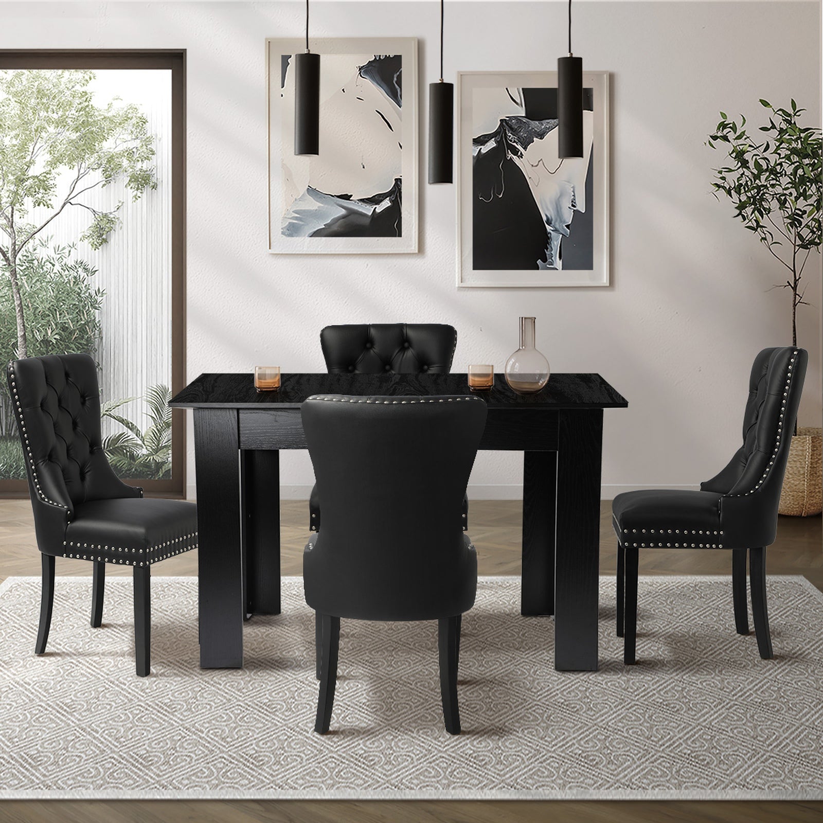 Oikiture 160cm Extendable Dining Table with 4PCS Dining Chairs PU Leather Black - Sunyee