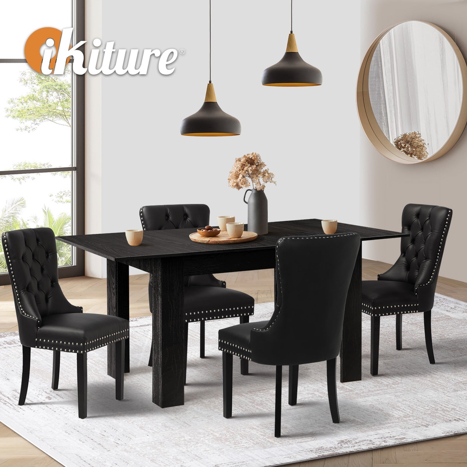Oikiture 160cm Extendable Dining Table with 4PCS Dining Chairs PU Leather Black - Sunyee