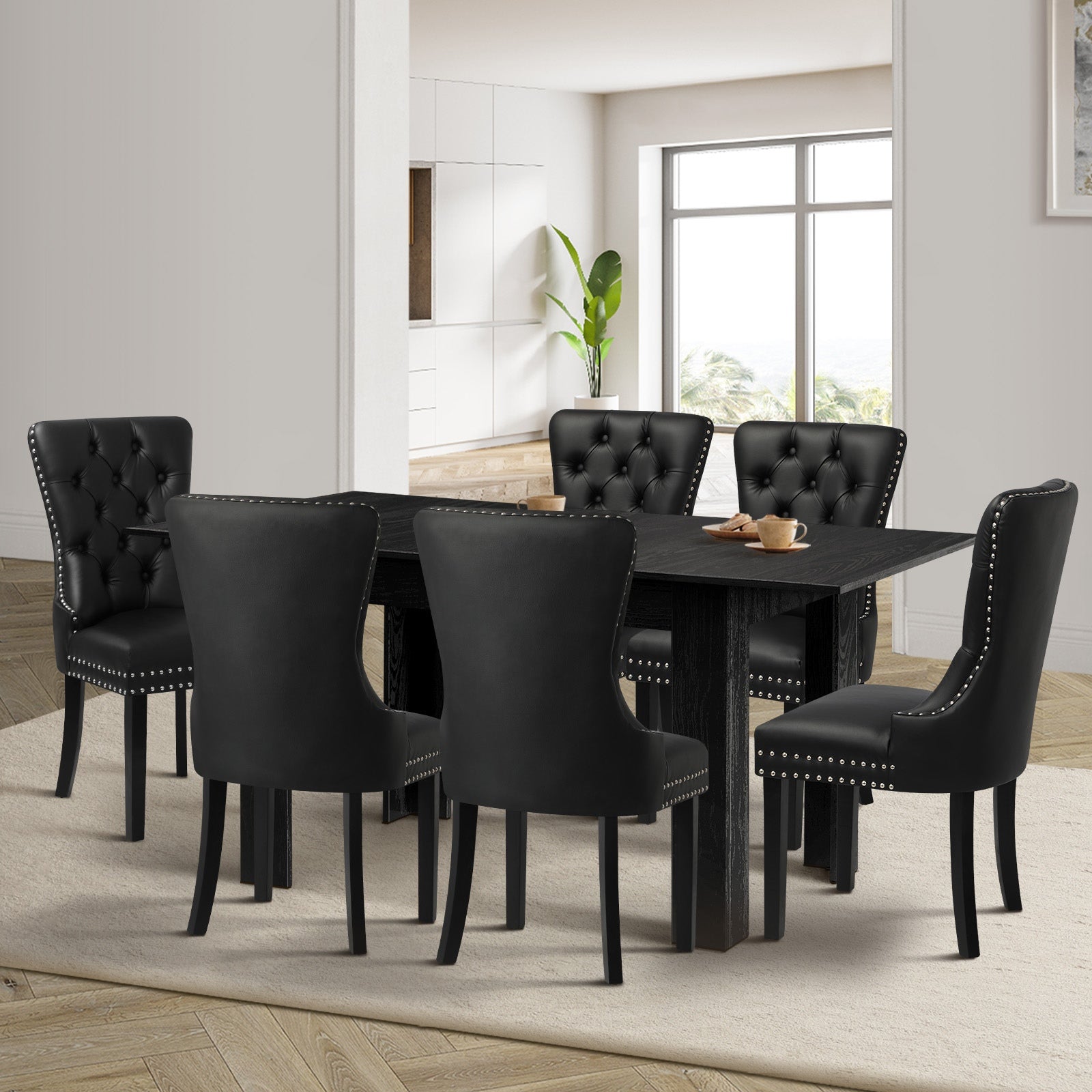 Oikiture 160cm Extendable Dining Table with 6PCS Dining Chairs PU Leather Black - Sunyee