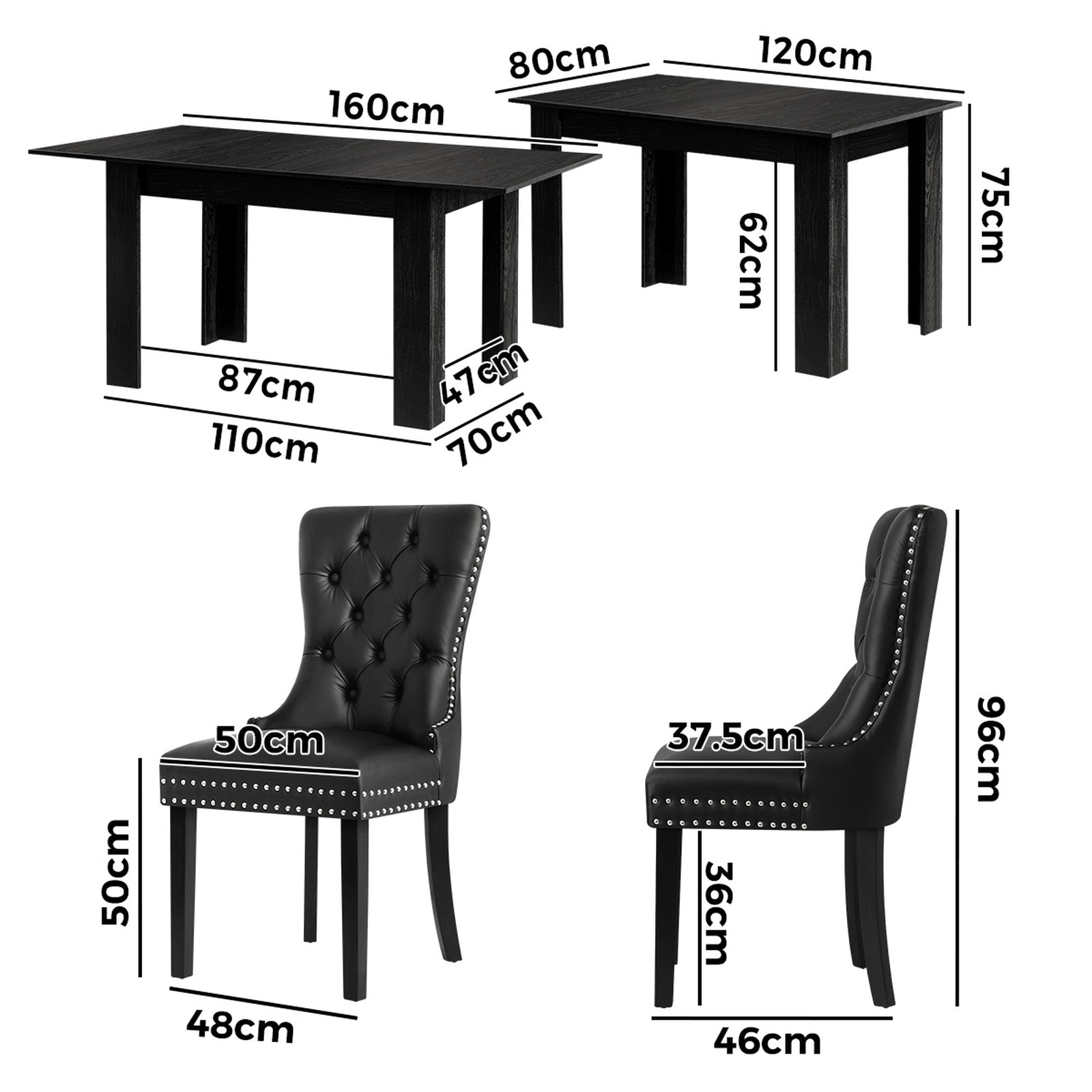 Oikiture 160cm Extendable Dining Table with 6PCS Dining Chairs PU Leather Black - Sunyee