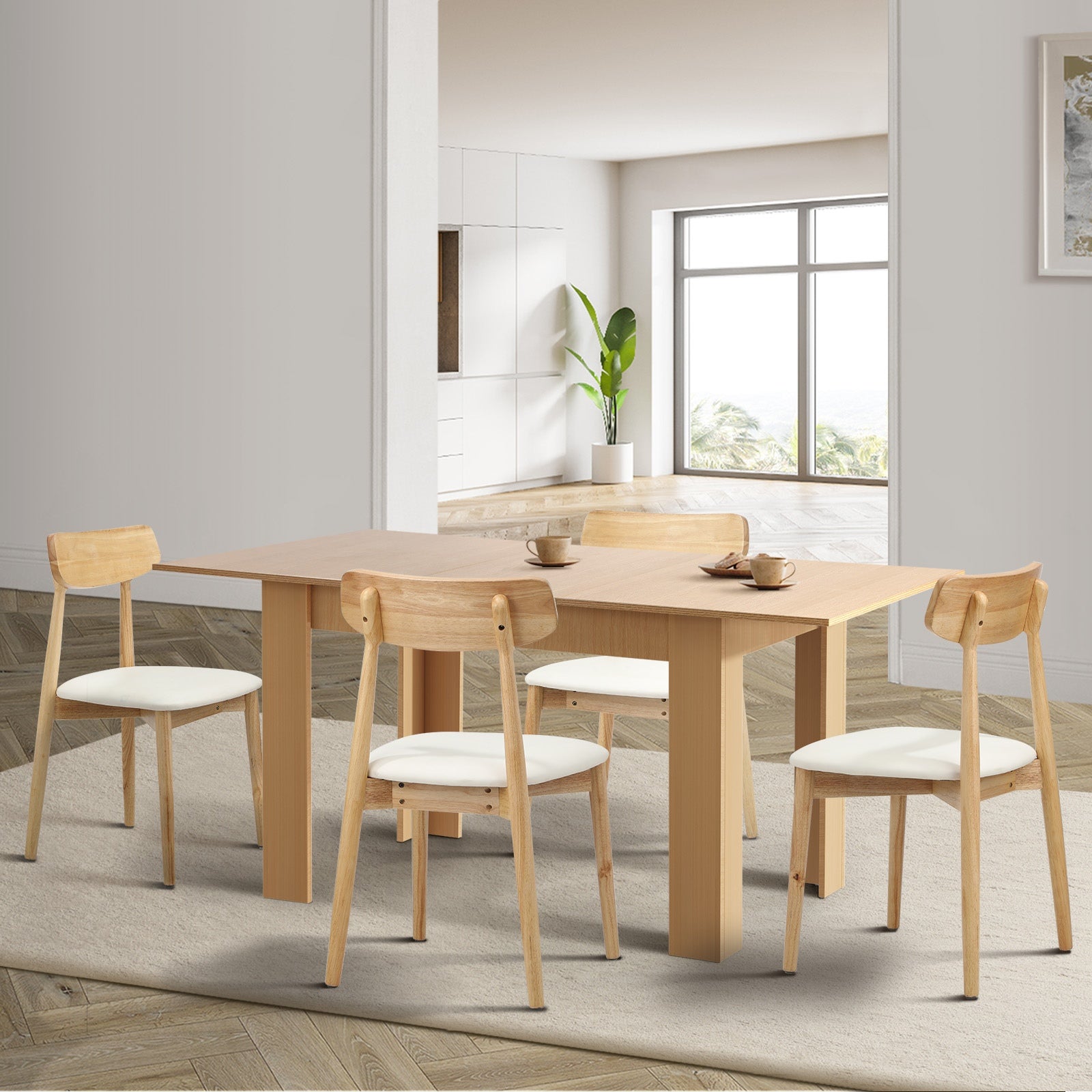 Oikiture 160cm Extendable Dining Table with 4x Dining Chairs PU Leather Natural - Sunyee