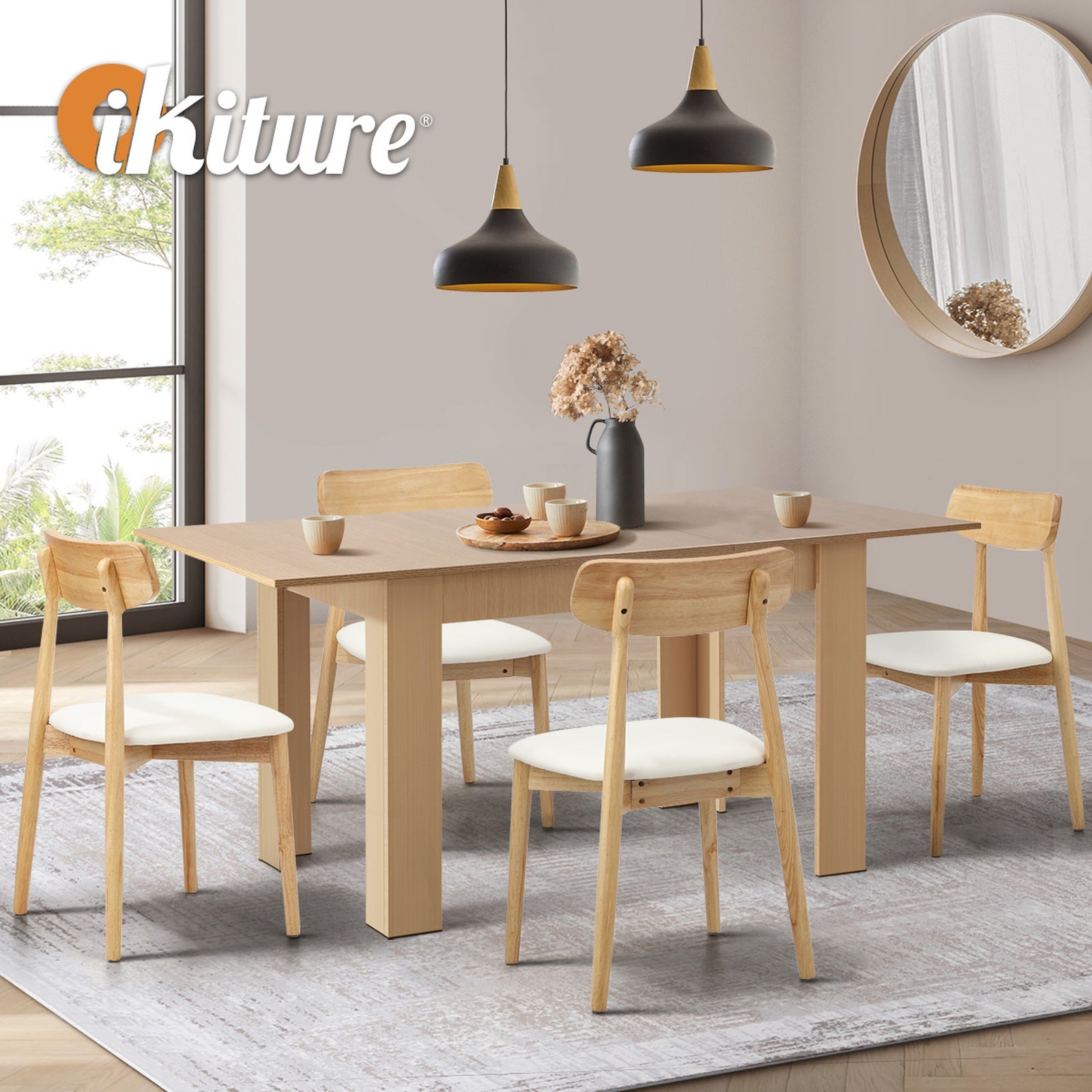 Oikiture 160cm Extendable Dining Table with 4x Dining Chairs PU Leather Natural - Sunyee